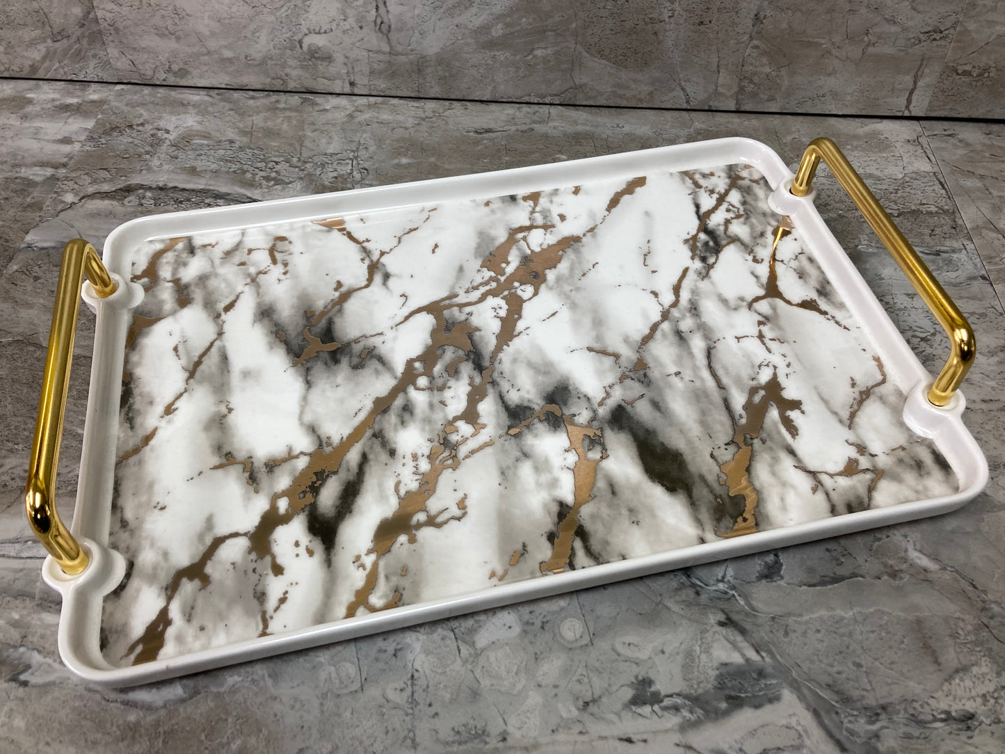 Rectangular Nordic style Serving Tray Platter Marble pattern Ceramic metal handles White Gold color.