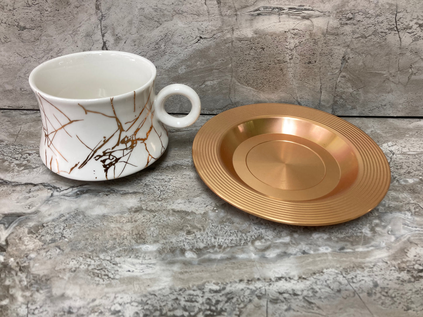Ceramic Coffee Tea cup and saucer set White Marble pattern .Gold color Metal saucers Home Decor Set of 6 Cups and Saucers.