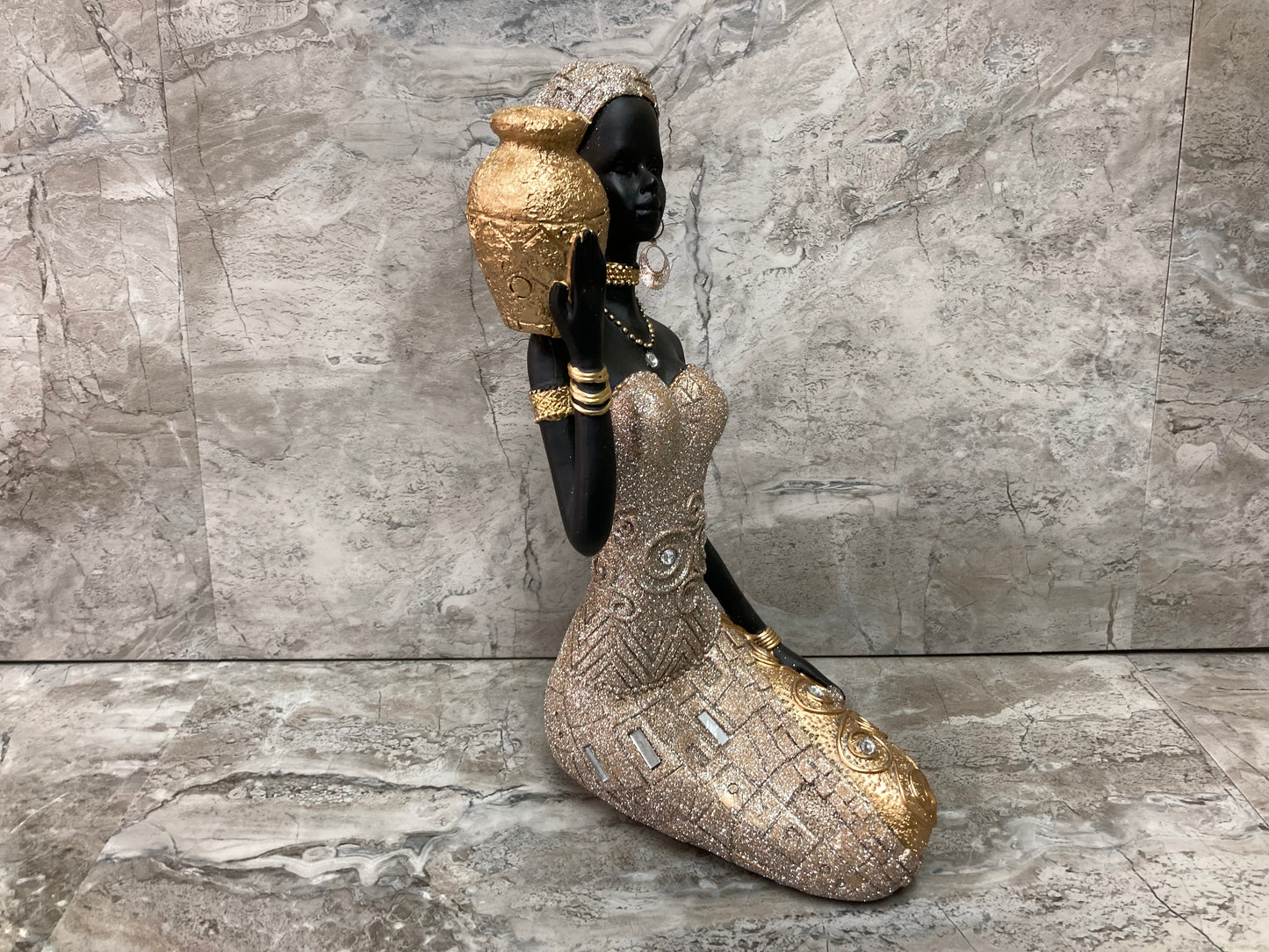 African American Lady sitting statute figurine Gold glitter color Elegant Home decor.