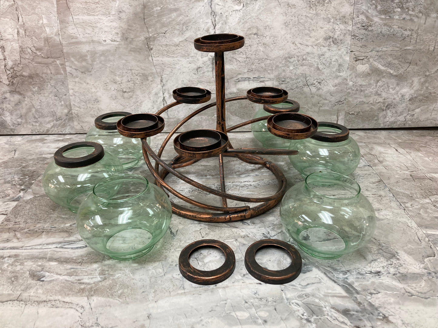Antique color Metal candle holder Stand 6 Tea Light Candle holders and 6 Green Glasses unique and elegant.