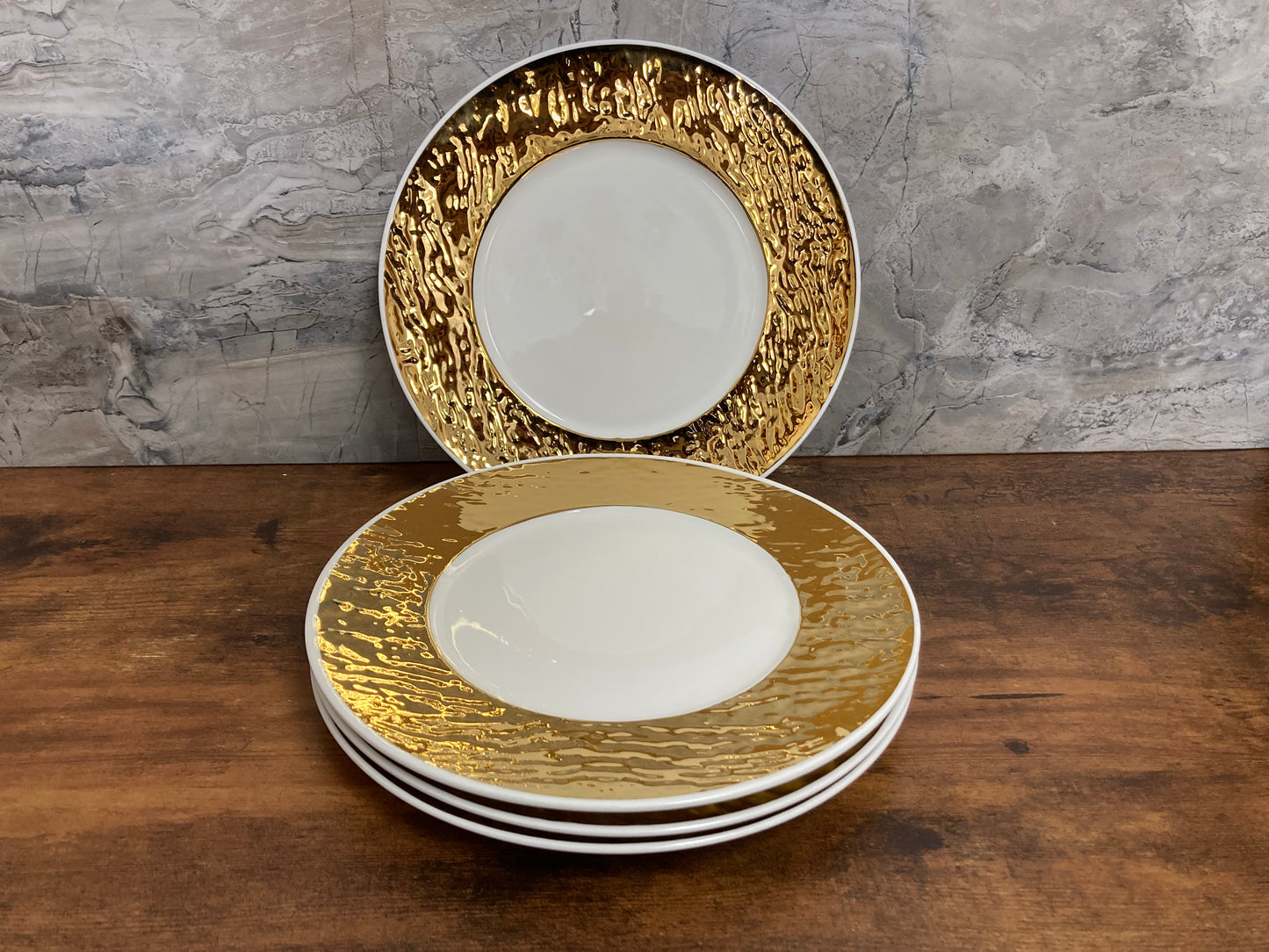 Gold Rim Color 4 pcs Plates dishes Dinner set hammer pattern modern elegant .