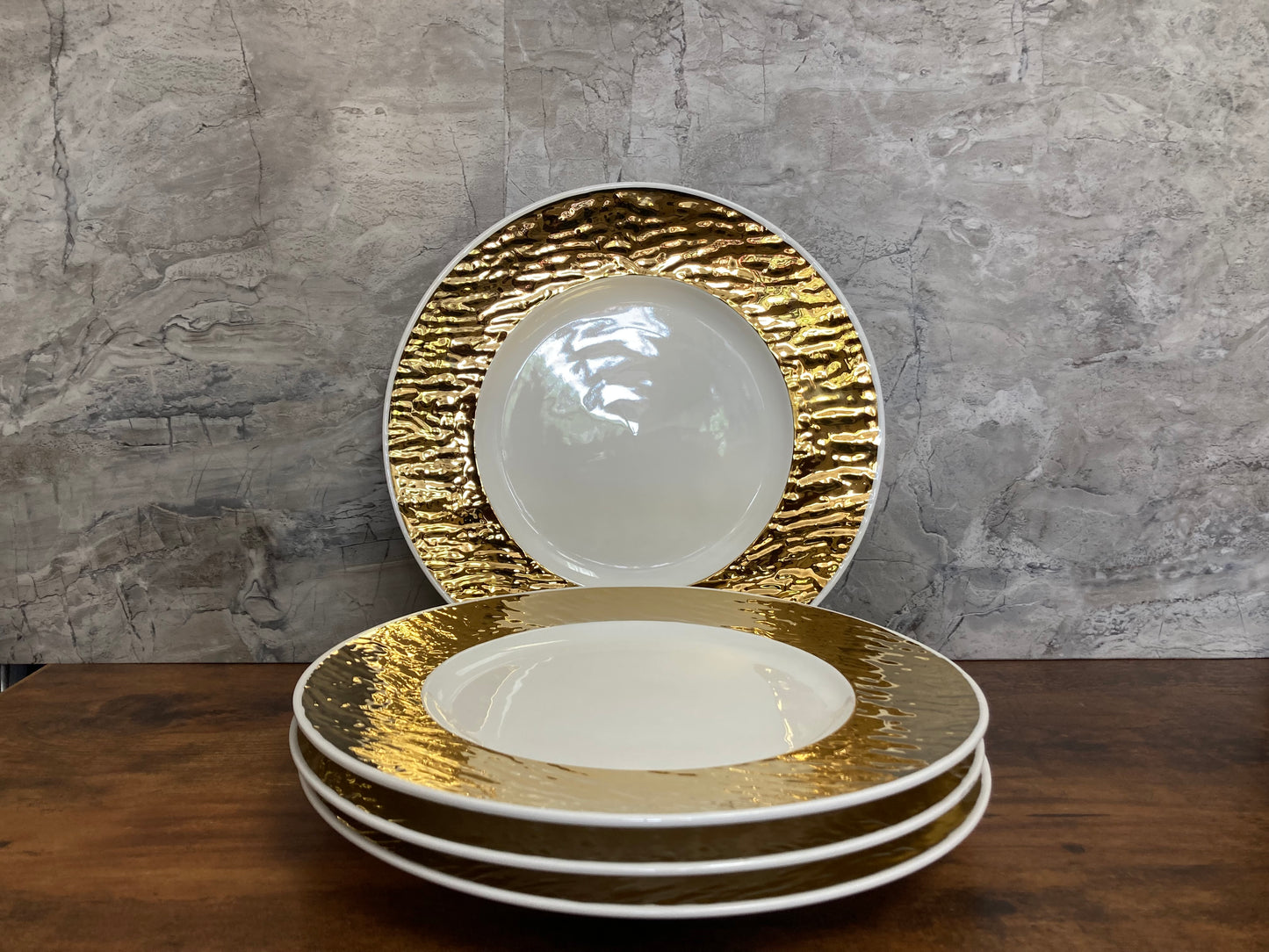 Gold Rim Color 4 pcs Plates dishes Dessert Salad hammer pattern modern elegant set.