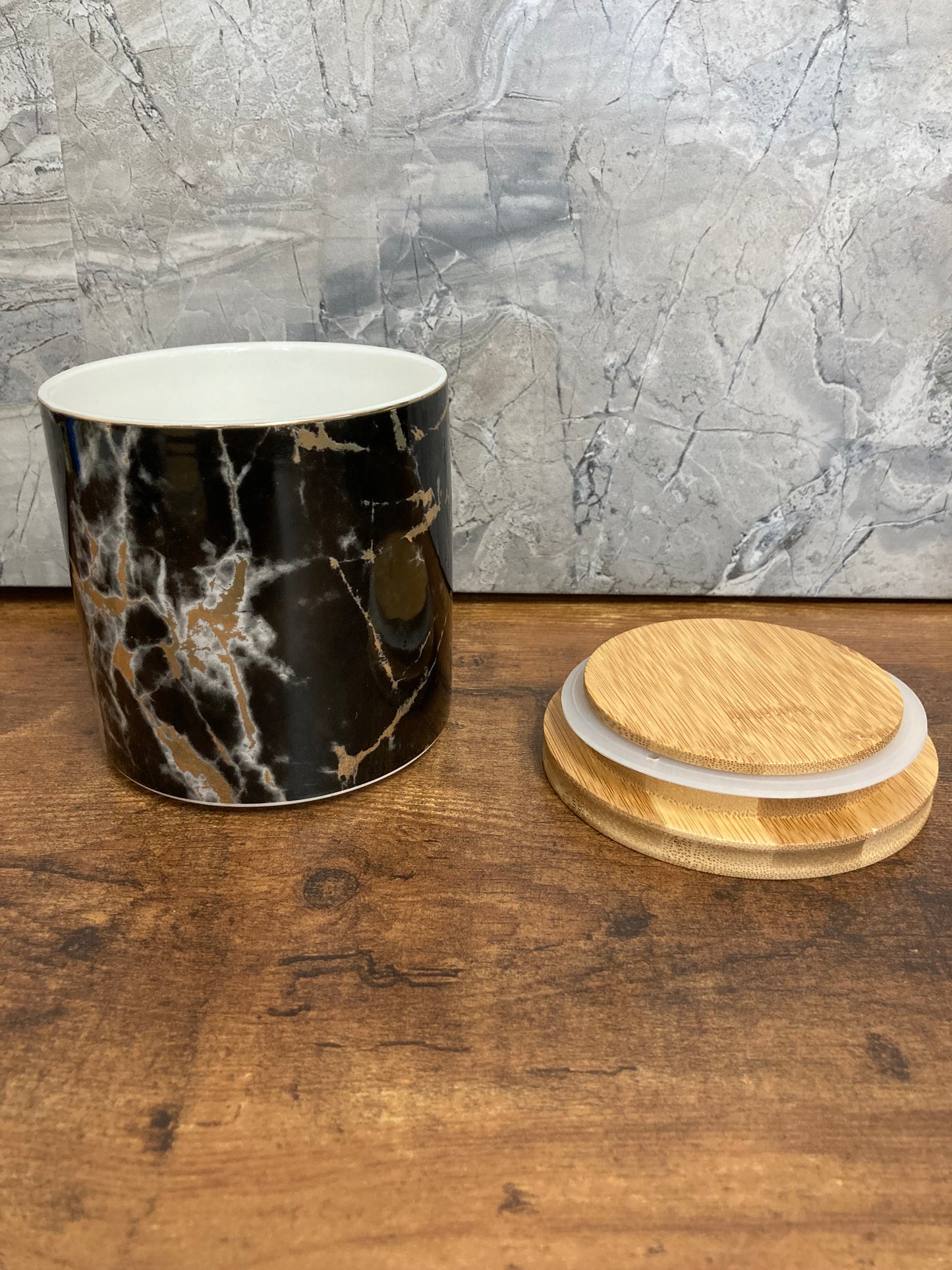 Ceramic Black Marble Pattern 3 pcs Canister Jar Container Set , With airtight Wooden Lid .Home Decor.