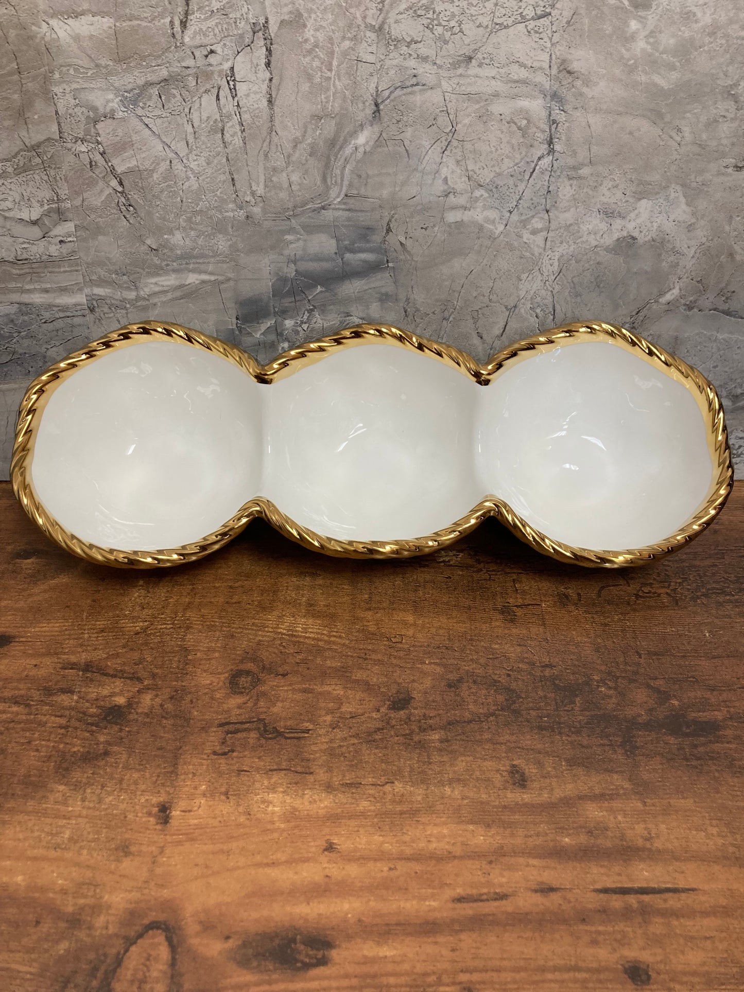 Ceramic 3 sections bowls dish with Wave Gold Rim ,Perfect for Serving Berries Olives sauces...