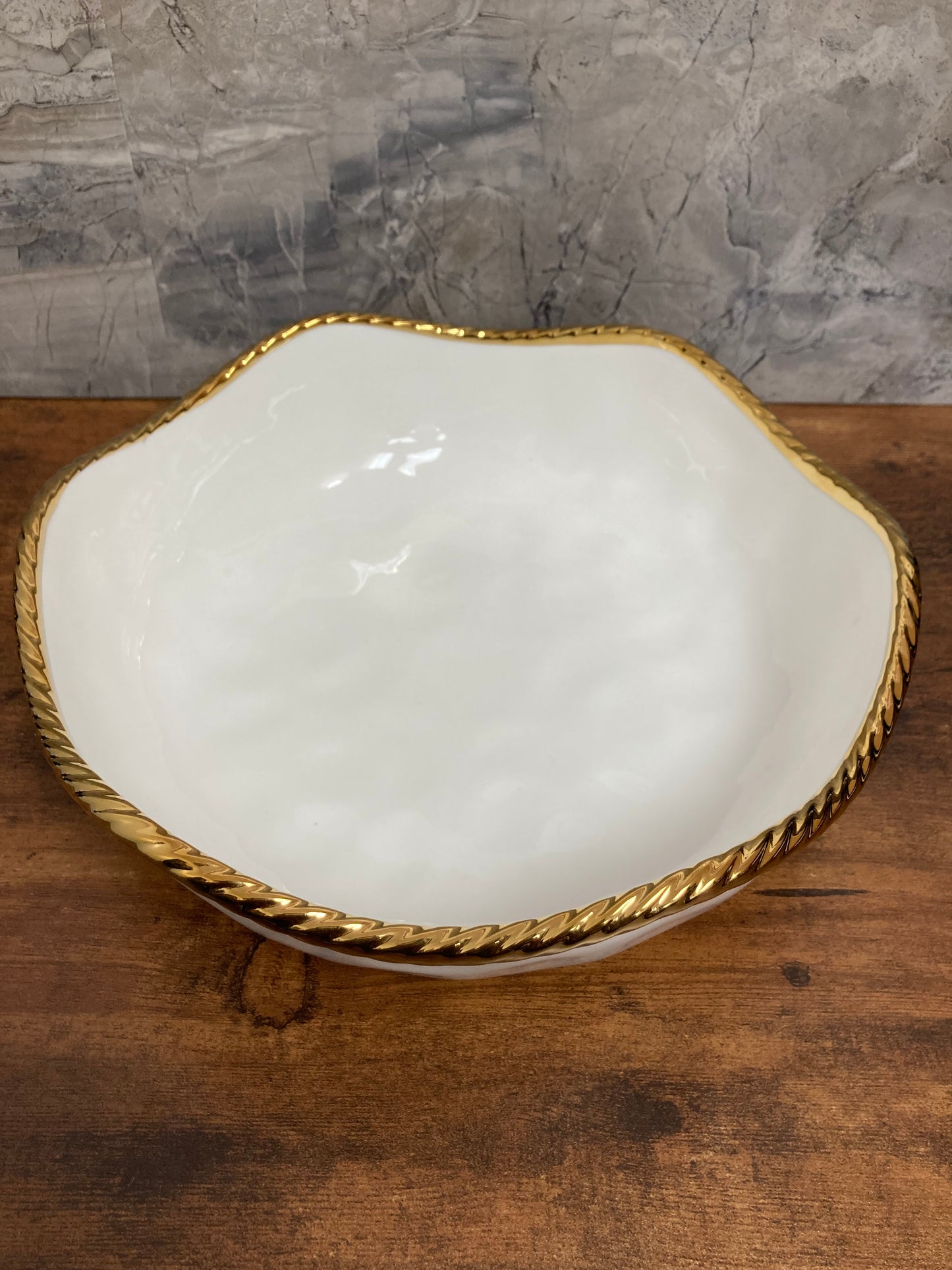 Round Serving Bowl Dish,Tray Platter with Wave Gold Rim Salad , fruits ,food Stylish modern.