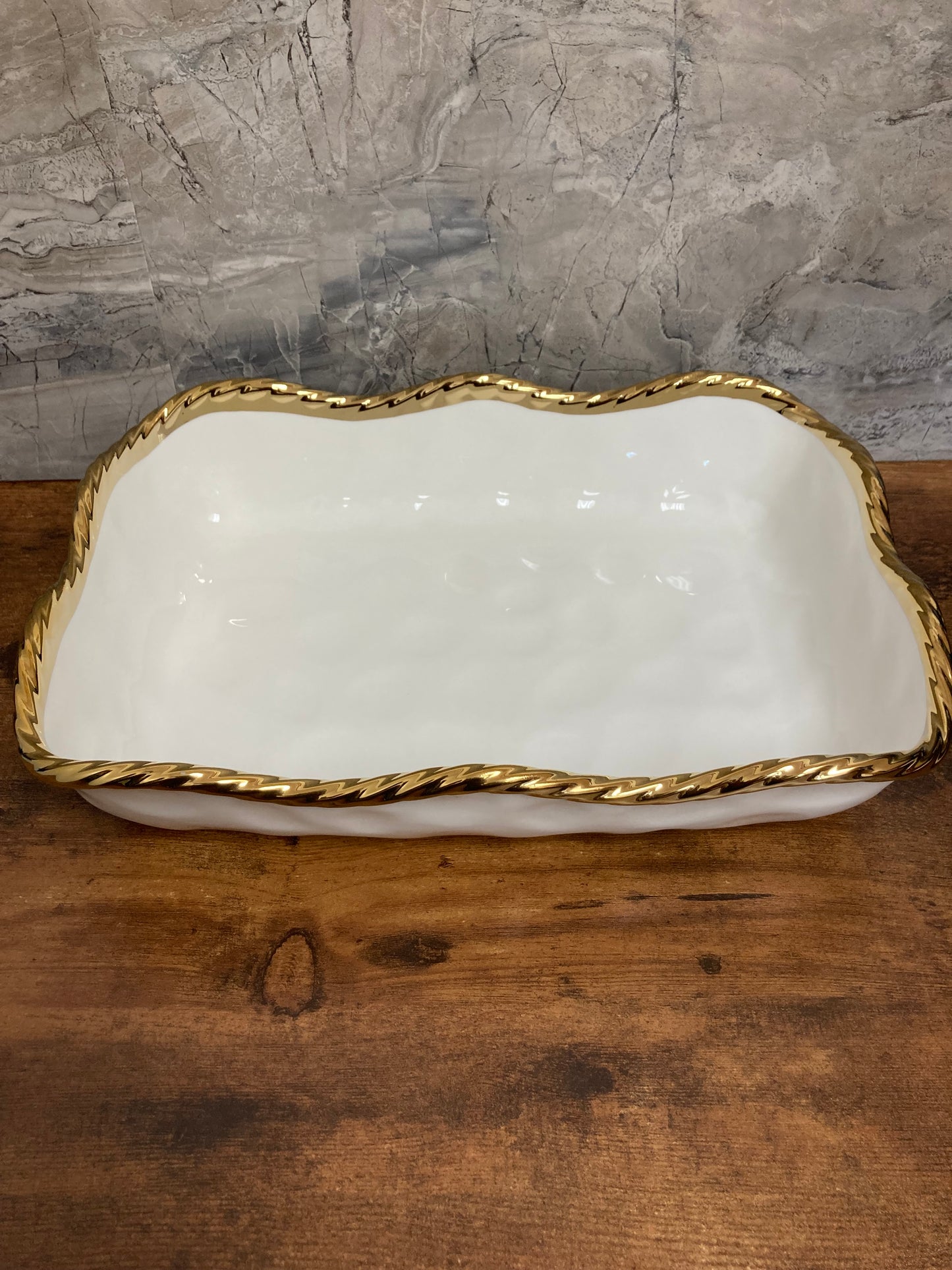 Rectangular Serving Dish,Tray Platter with Wave Gold Rim Stylish modern.