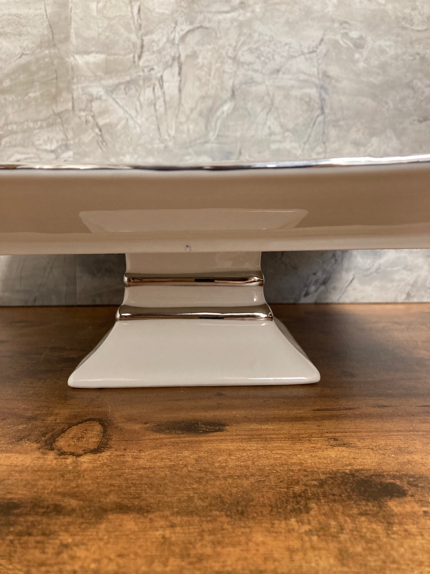 Elegant Square White Ceramic Serving Platter Tray footed with silver rim Table top Dish. Cake Stand plate.