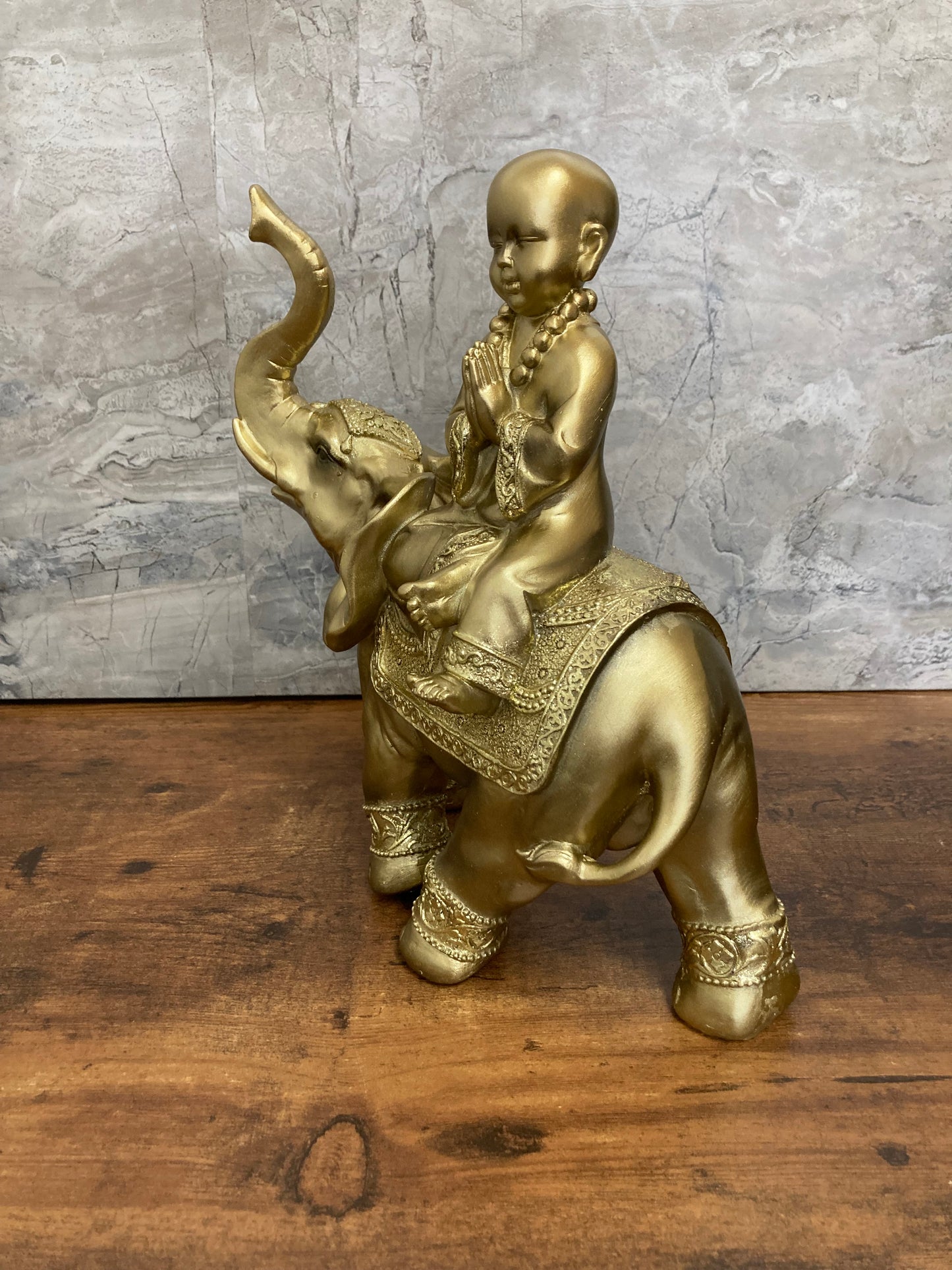 Golden Elephant Baby Buddha Monk Statue With Trunk Up Figurine.Home Decor.