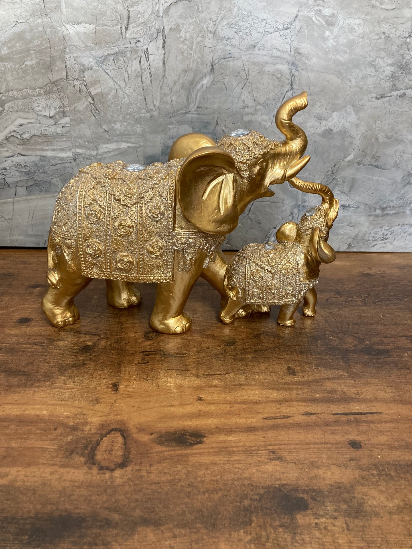 Golden Elephant Mom and baby Statue With Trunk Up Figurine.Home Decor.Glitter and stones.
