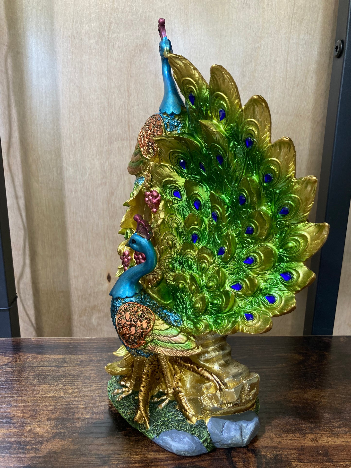 Peacock bird statuette figurine ,elegant colorful made of polyresin unique home decor table top.