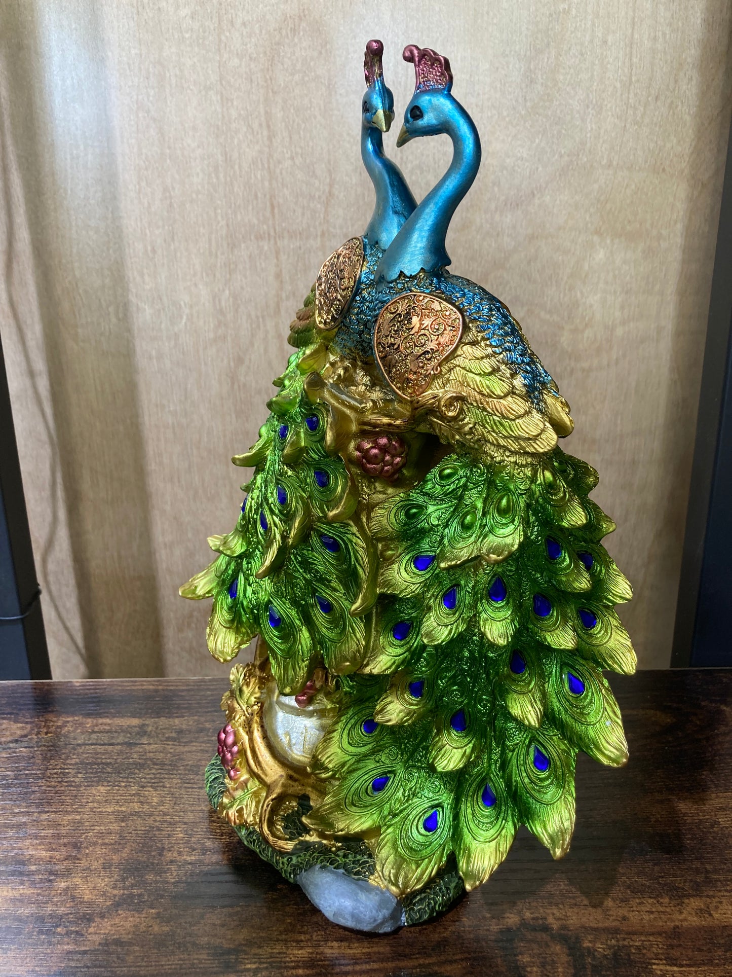 Peacock couple bird statuette figurine ,elegant colorful made of polyresin unique home decor .