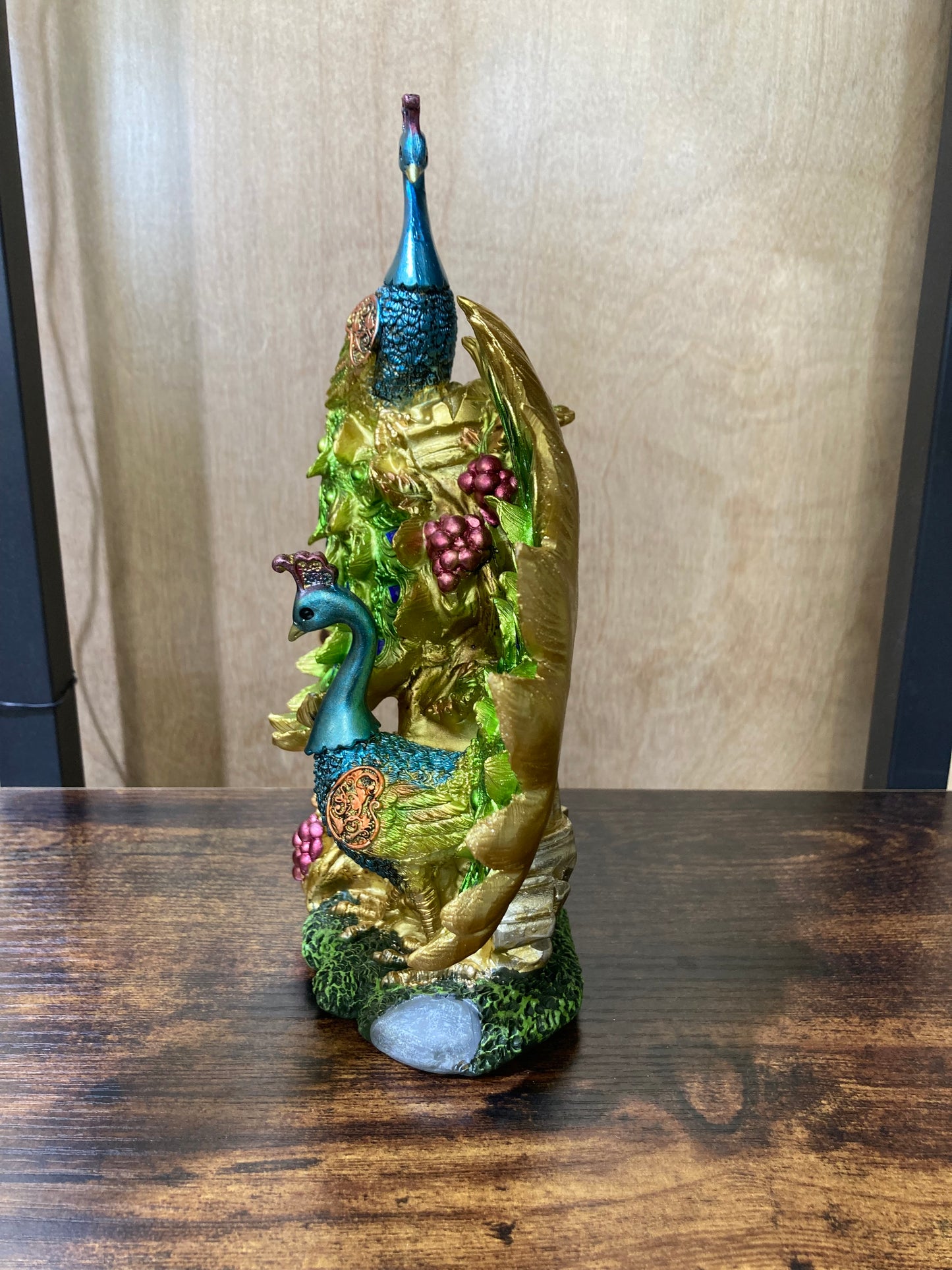 Peacock Green bird statuette figurine ,elegant colorful made of polyresin unique home decor table top.