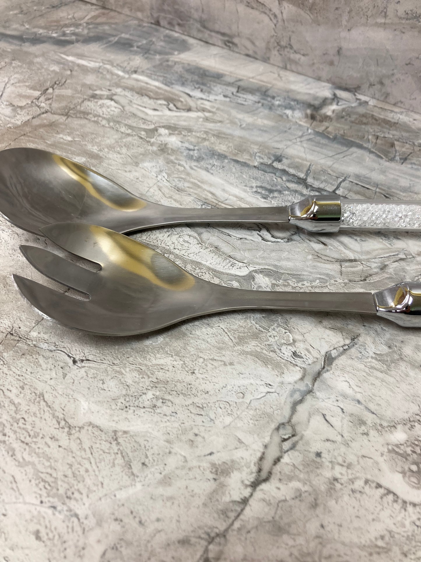 Salad Serving Fork And Spoon Set ,Bright Elegant Stainless Steel with Sparking White Crystal Stones Handle .