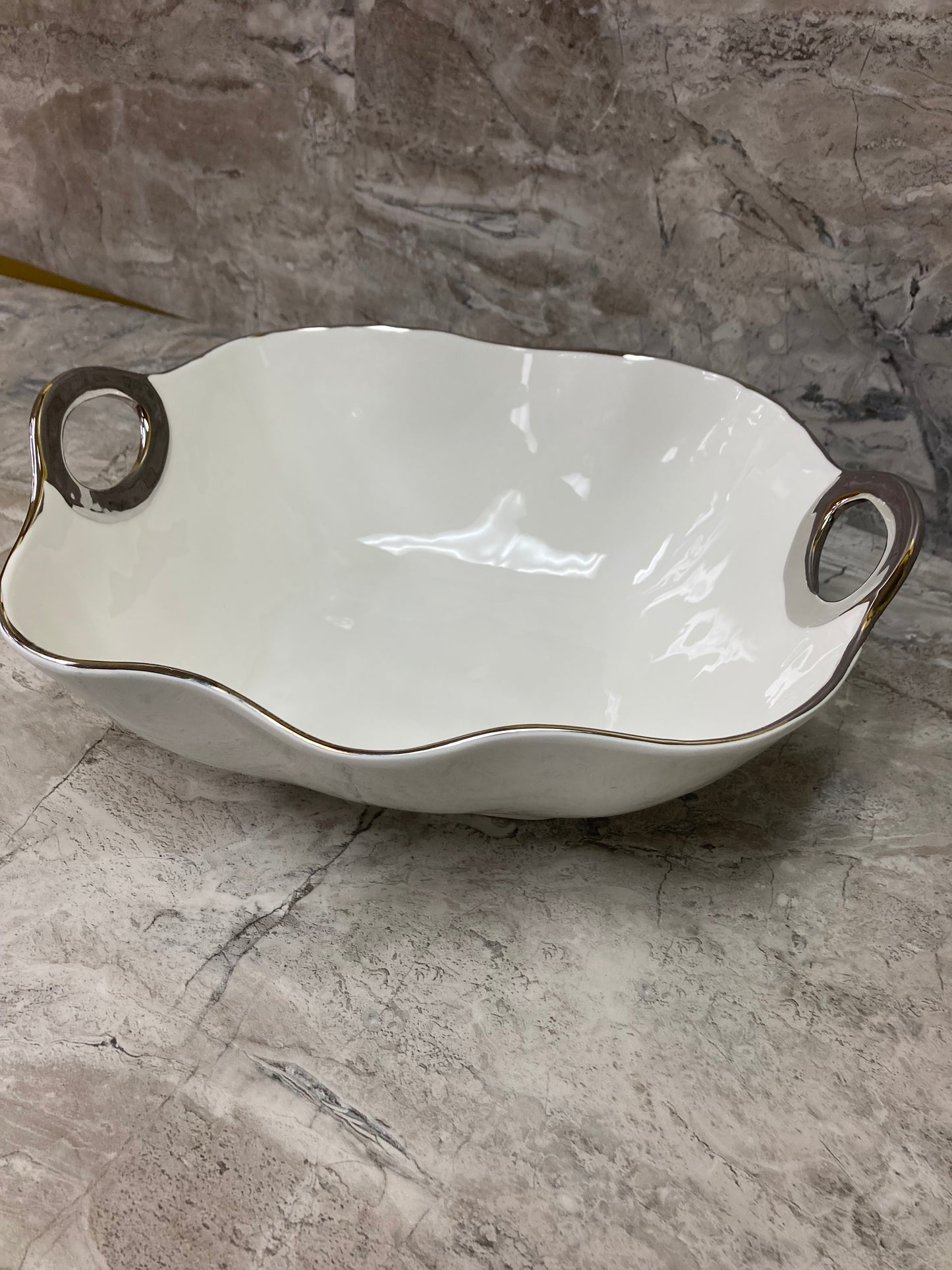 Ceramic Salad Serving Dish, Fruit Bowl Hammered pattern ,Silver Rim Stylish