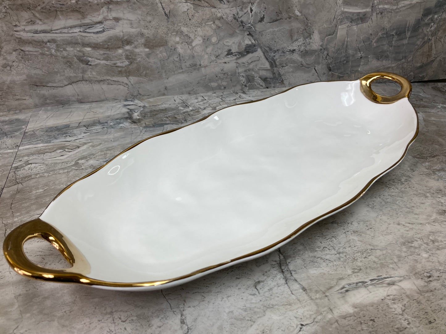 Ceramic Oval Serving Dish, Hammered pattern ,Tray Platter with Gold Rim Stylish