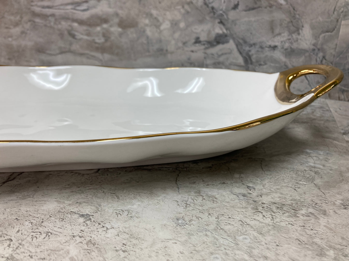 Ceramic Oval Serving Dish, Hammered pattern ,Tray Platter with Gold Rim Stylish
