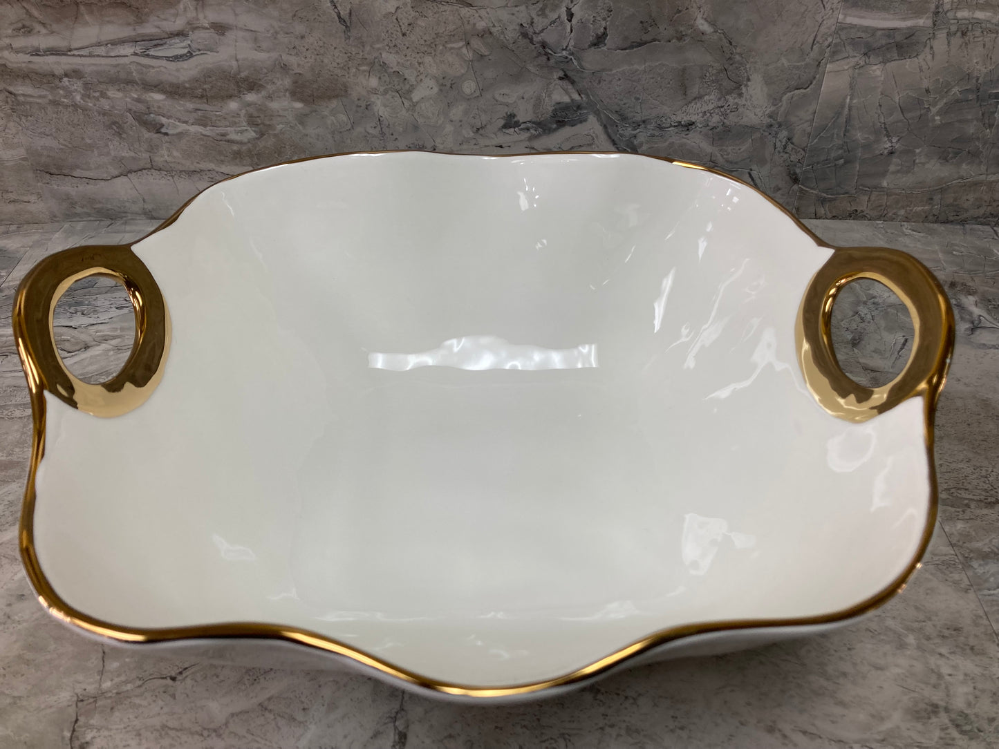 Ceramic Salad Dish, Serving Fruit Bowl Hammered pattern , Gold Rim Stylish