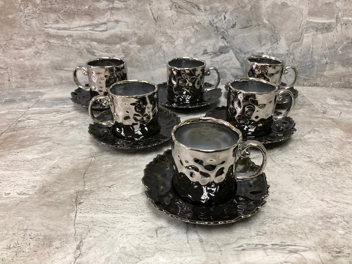 Ceramic Silver Black Coffee cup and saucer set .Hammered Pattern cup and saucer Uneven Shape .Set of 6 .