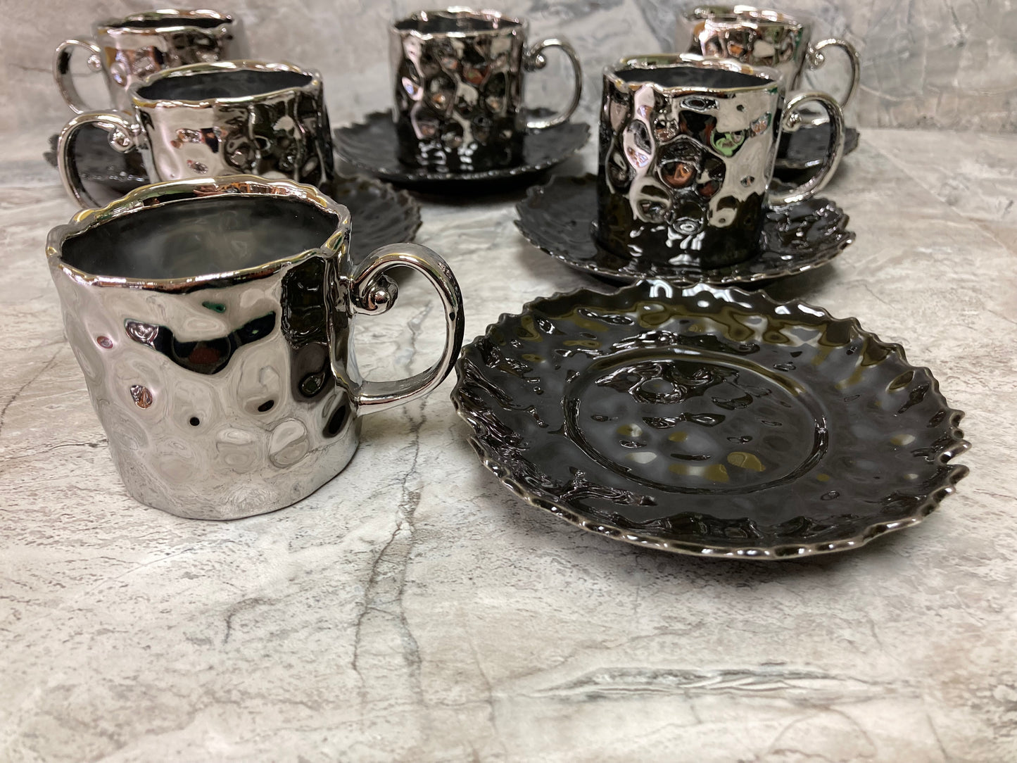 Ceramic Silver Black Coffee cup and saucer set .Hammered Pattern cup and saucer Uneven Shape .Set of 6 .
