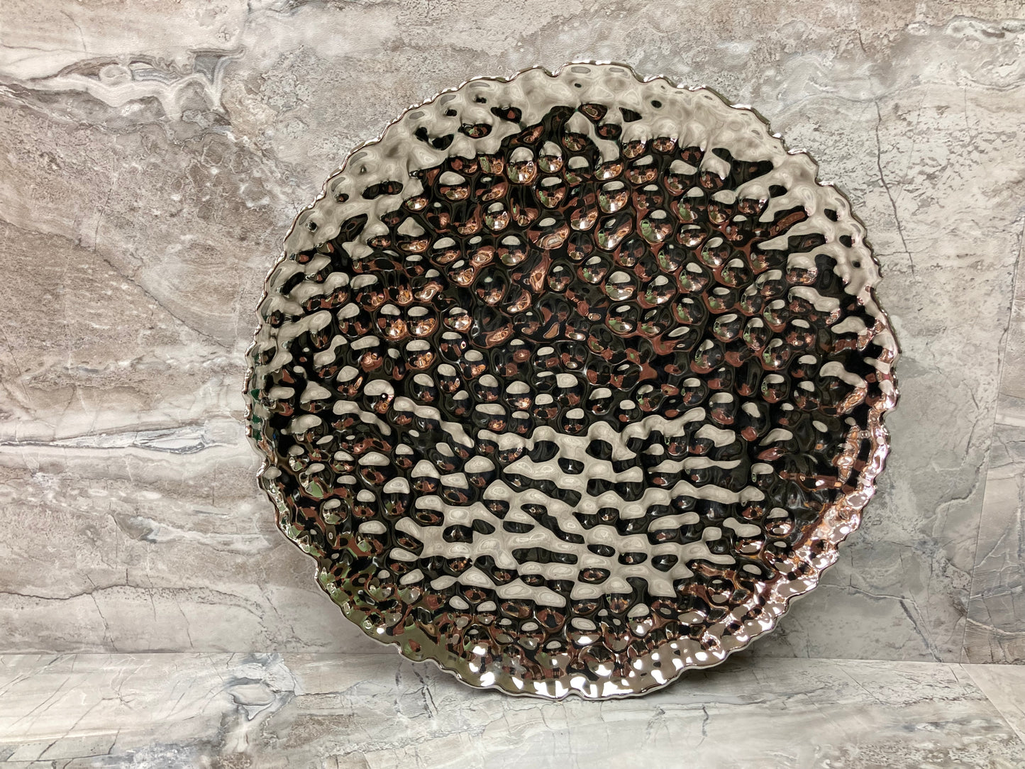 Ceramic Hammered Pattern Silver Color Set of 6 Dinner Plates Platters Serving Dishes .