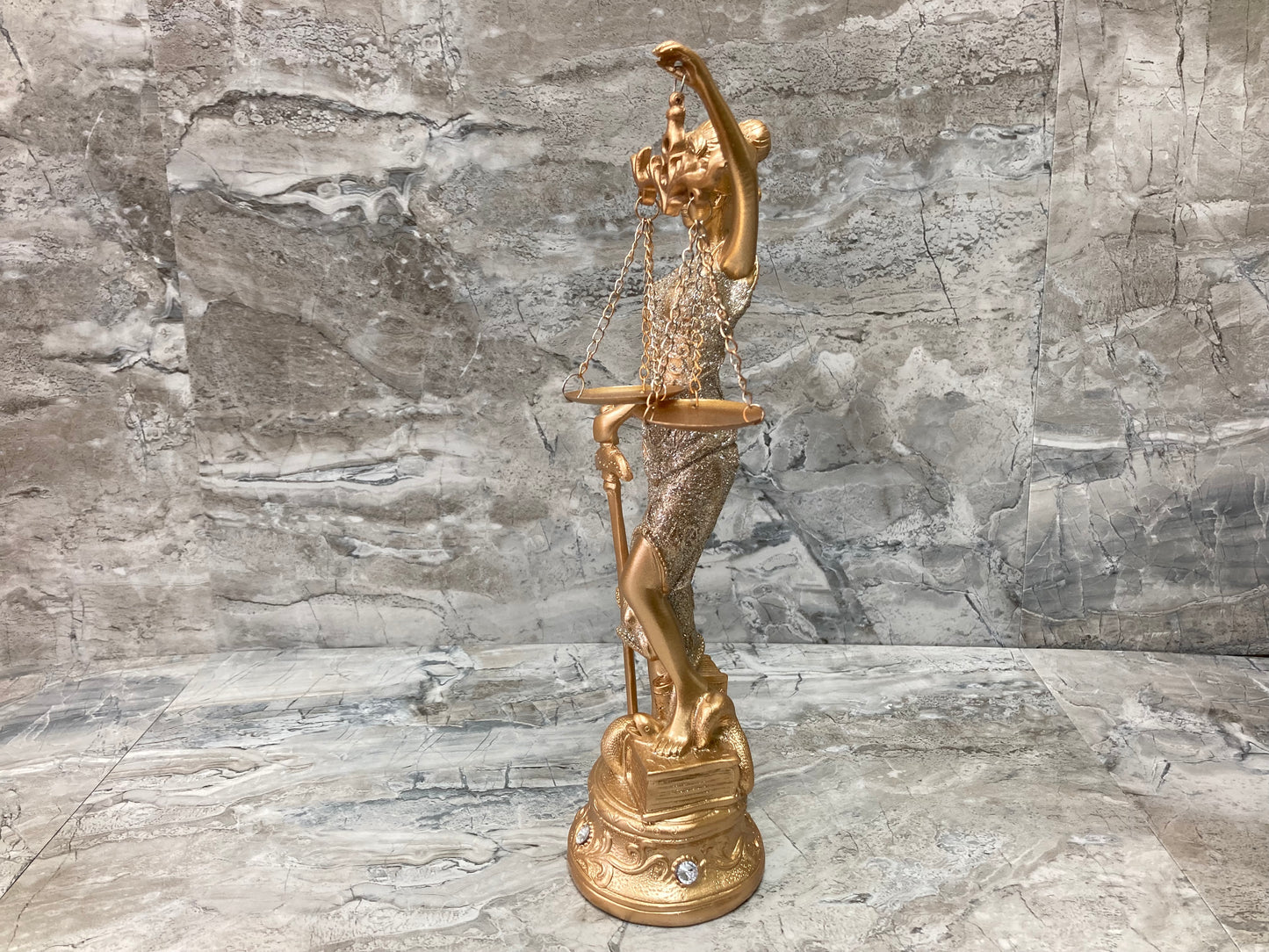 Lady Justice Statute figurine Gold Color With Glitter Poly Resin