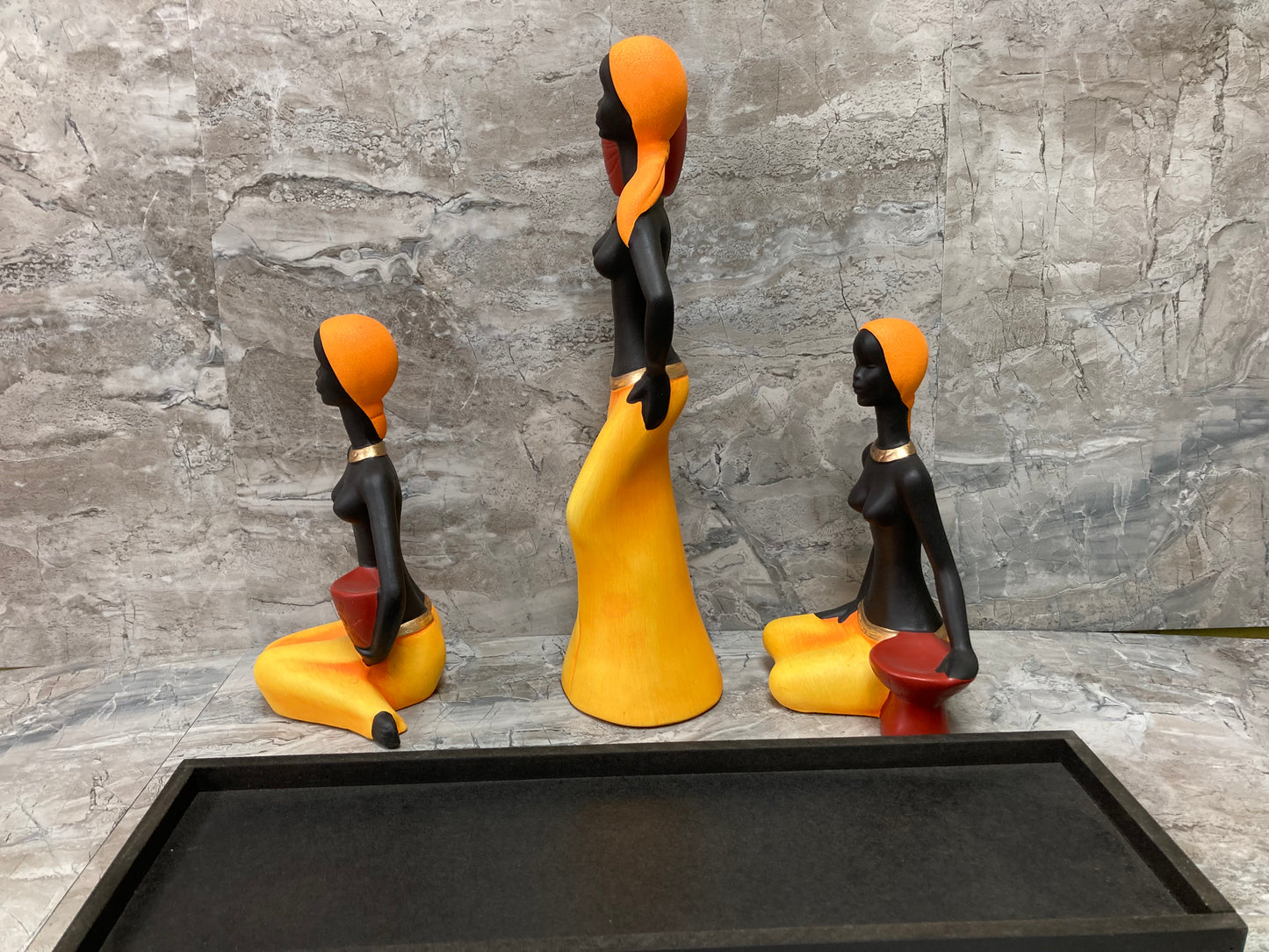 3 pcs Ceramic African Ladies statute Figurine with Wooden base Home Decor.