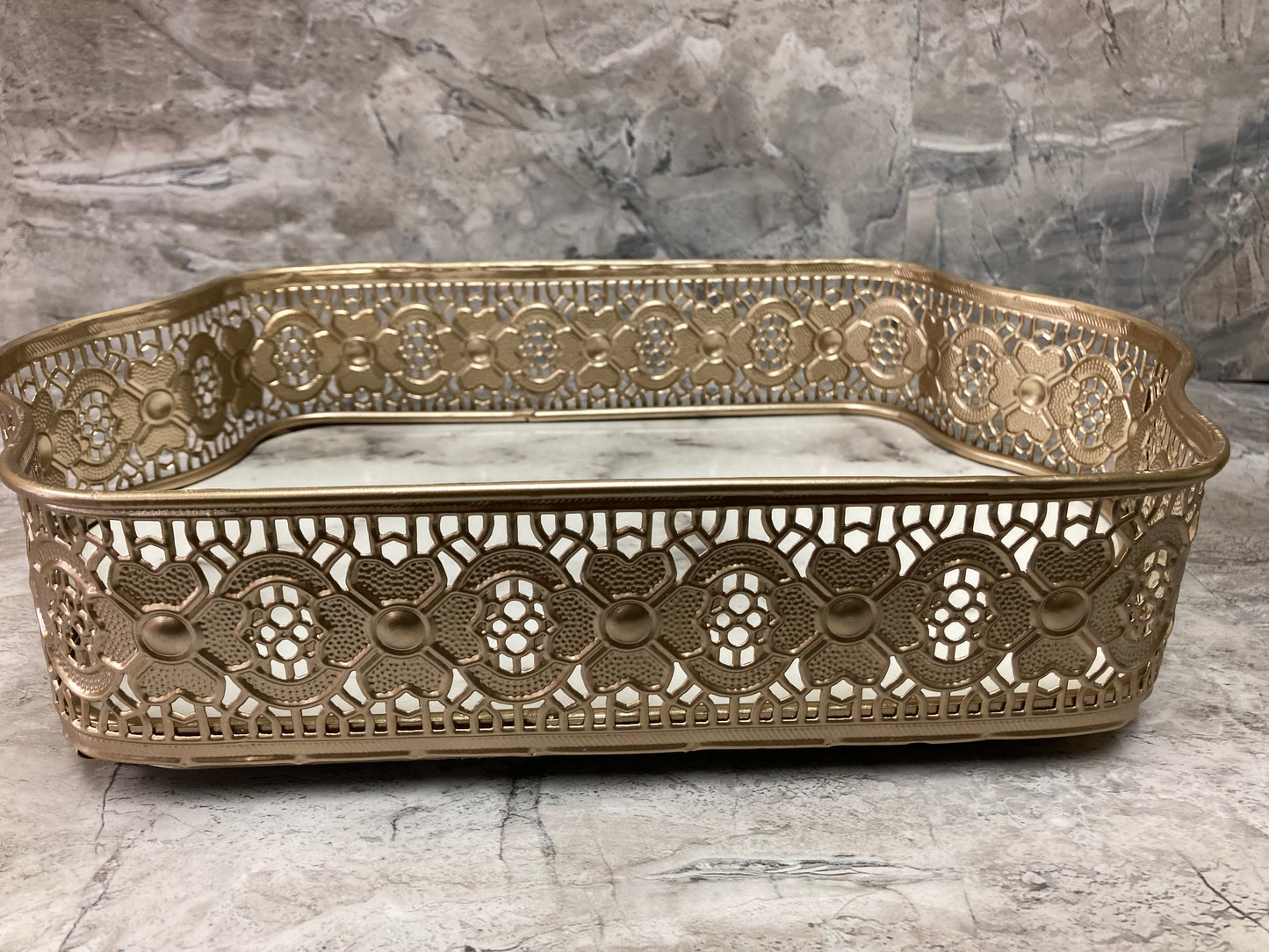 Oval Shape Decorative Marble Pattern Tray Compressed Wood Base ,Metal Around