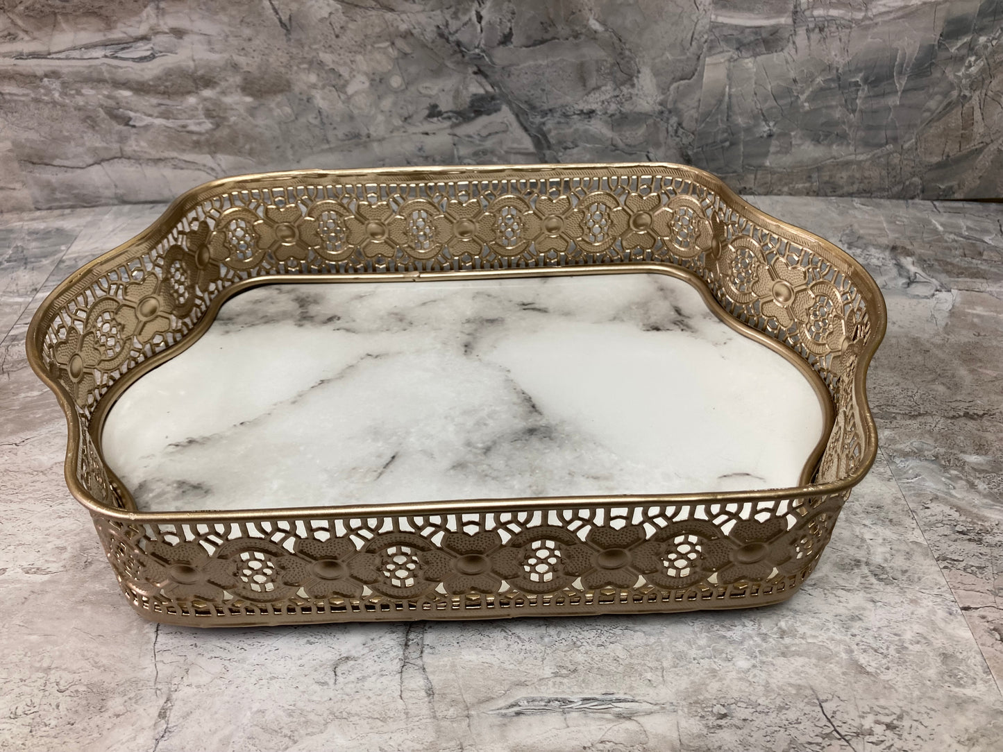Oval Shape Decorative Marble Pattern Tray Compressed Wood Base ,Metal Around