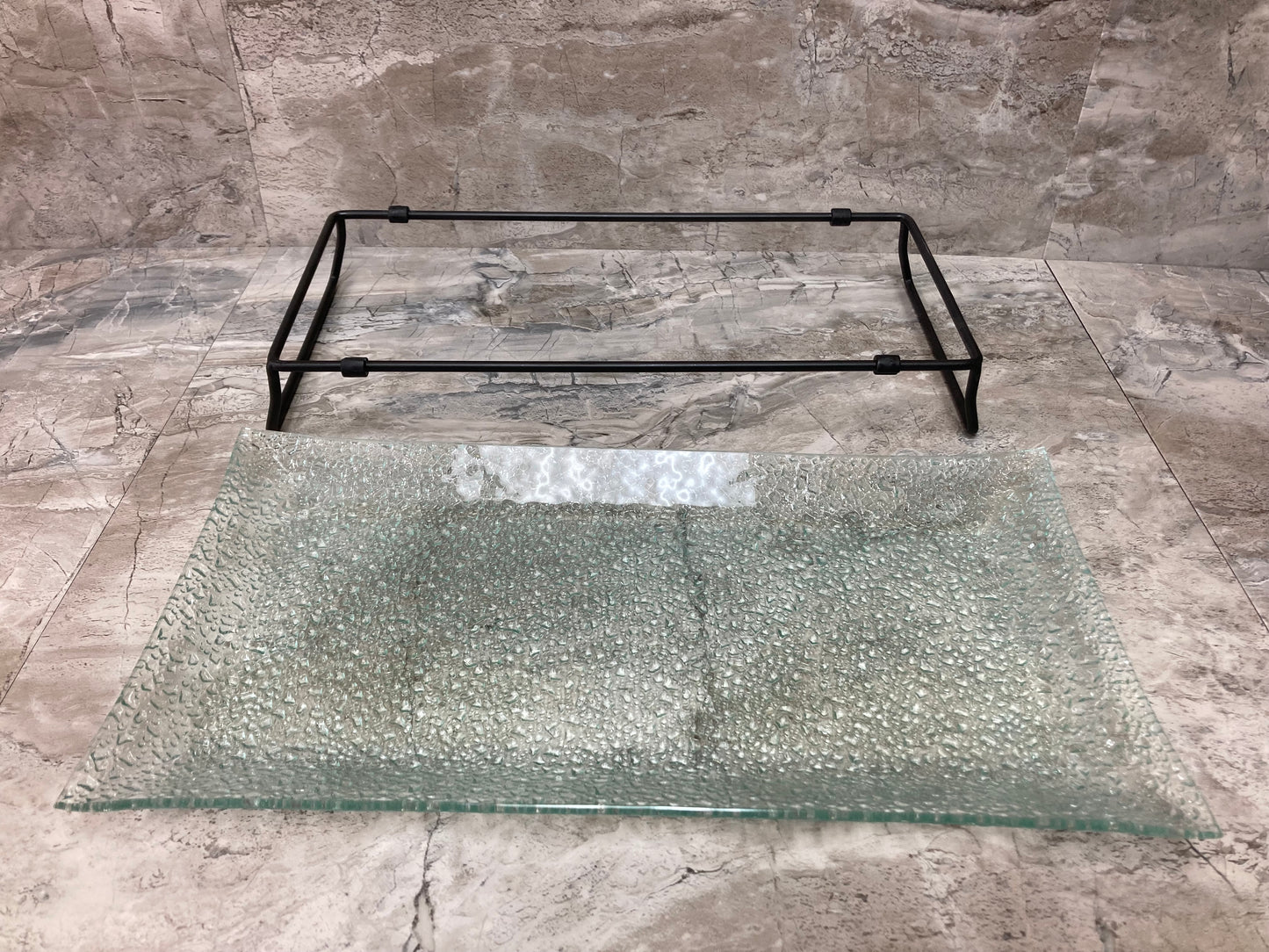 Rectangular Glass Serving Tray Platter With Iron Stand Elegant Shape Food Safe