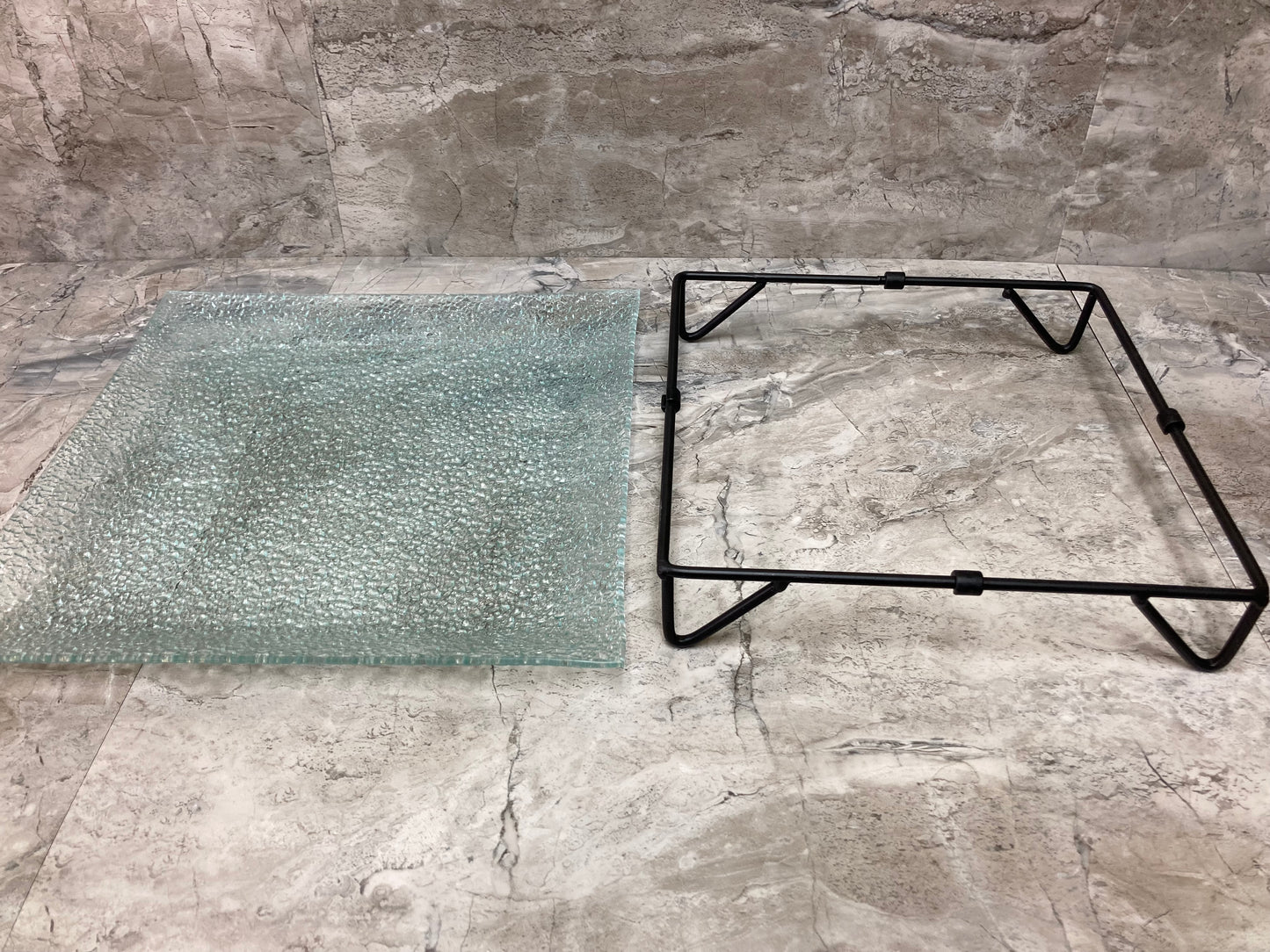 Square Glass Serving Tray Platter With Iron Stand Elegant Shape Food Safe