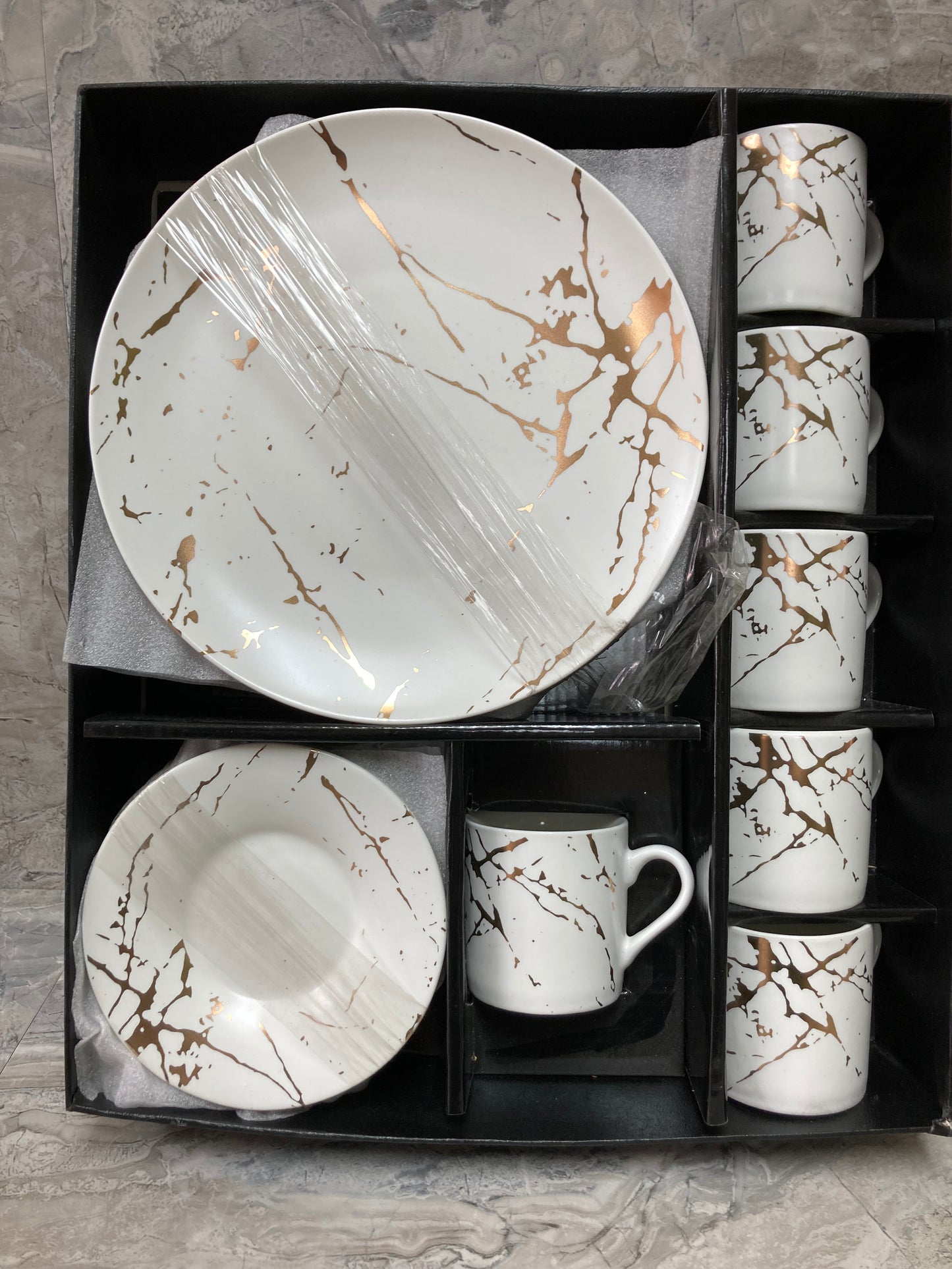 Ceramic White Marble Pattern 18 Pcs Coffee Espresso set cup saucer dessert plate .Set of 6.