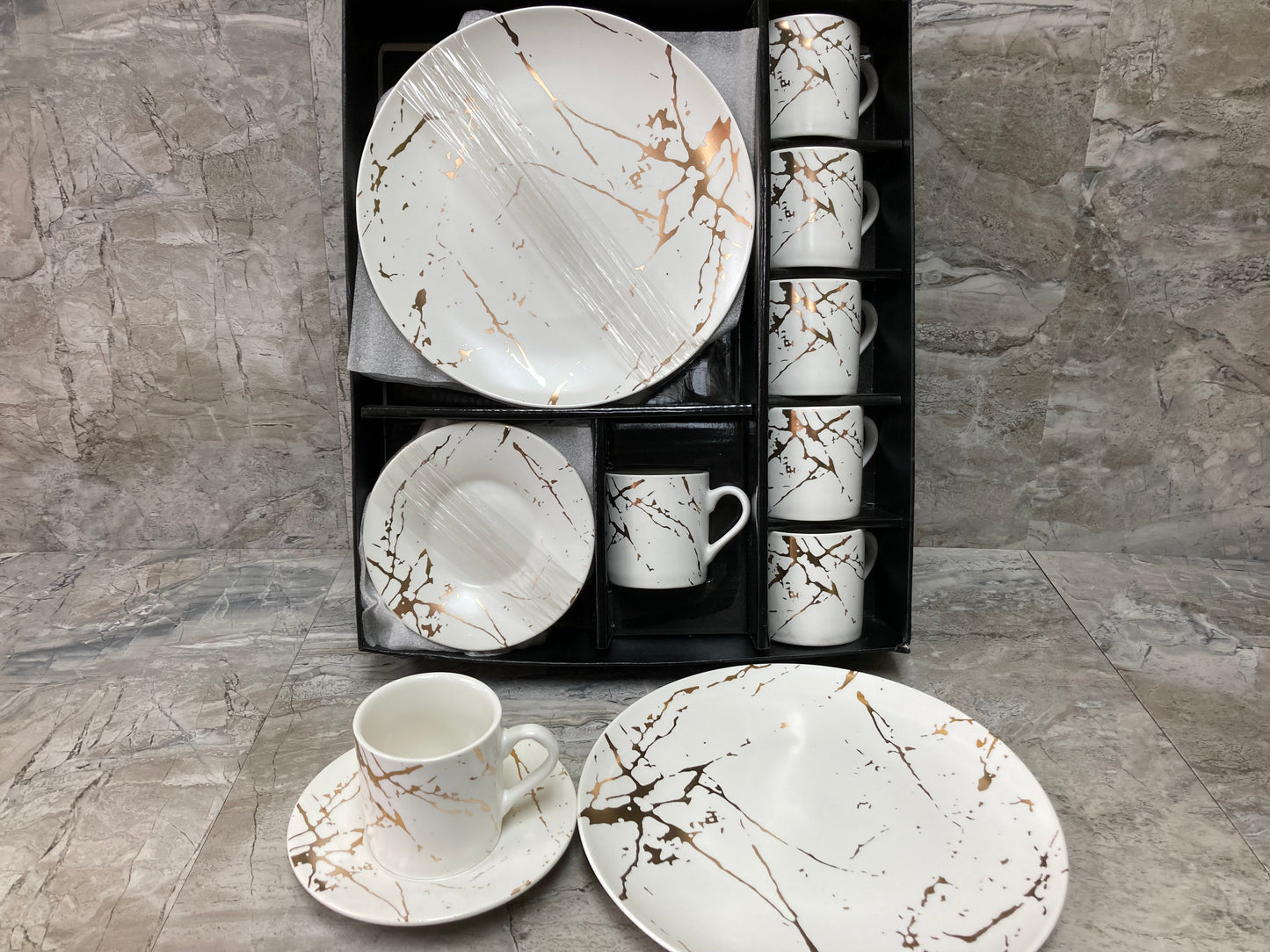 Ceramic White Marble Pattern 18 Pcs Coffee Espresso set cup saucer dessert plate .Set of 6.