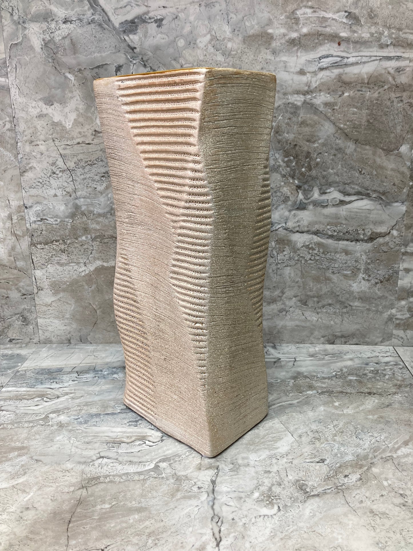 Modern Ceramic Rectangular Flower Vase ,Brushed Gold color finish Glazed inside.