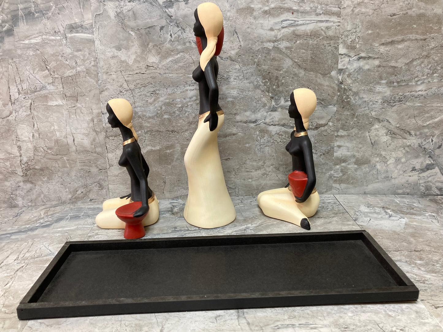 3 pcs Ceramic African Ladies statute figurine with Wooden base Beige color Home decor