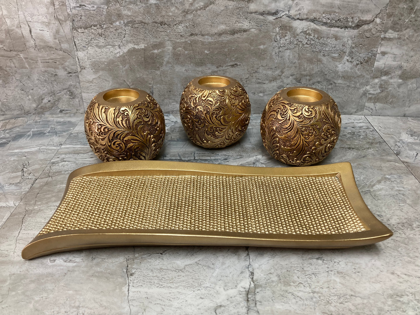 Antique Look Pattern 3 pcs Candle Holder with Base Poly Resin stylish Home Decor.