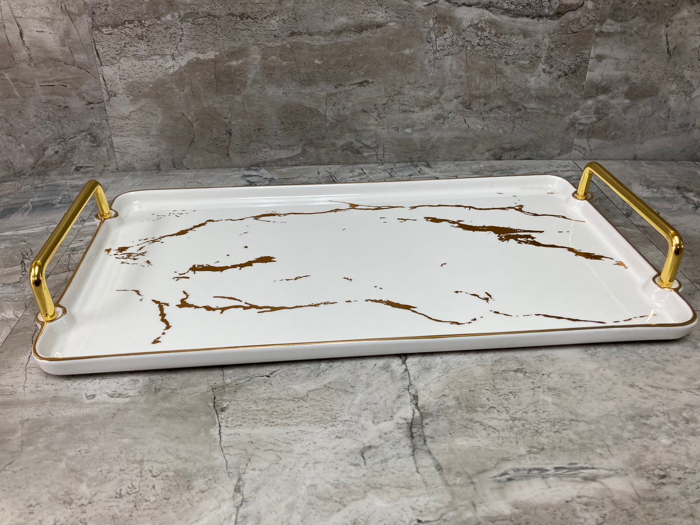 Nordic style Tray Marble pattern Ceramic Serving Platter Dish metal handles Gold color.