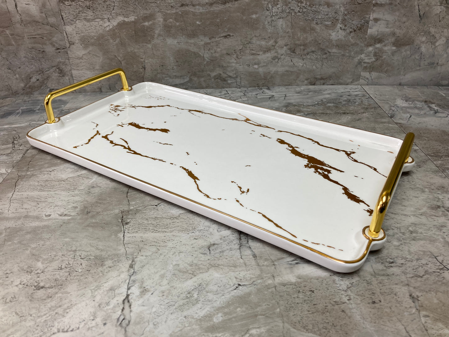 Nordic style Tray Marble pattern Ceramic Serving Platter Dish metal handles Gold color.