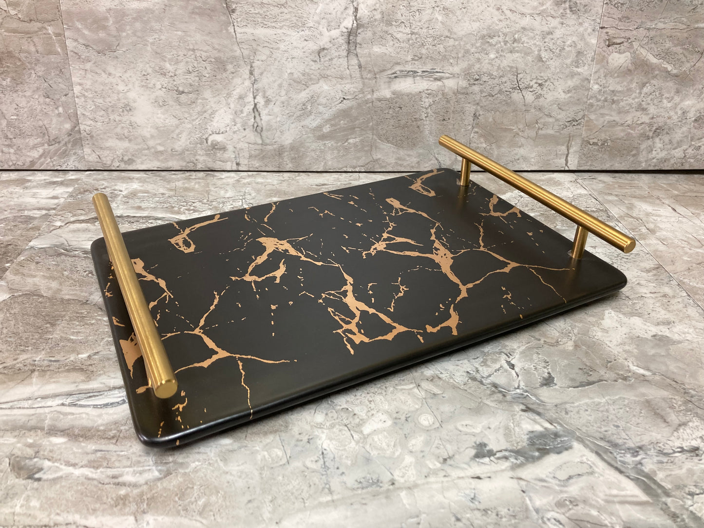 Nordic style Serving Tray Platter Marble pattern Ceramic metal handles Black Gold color.