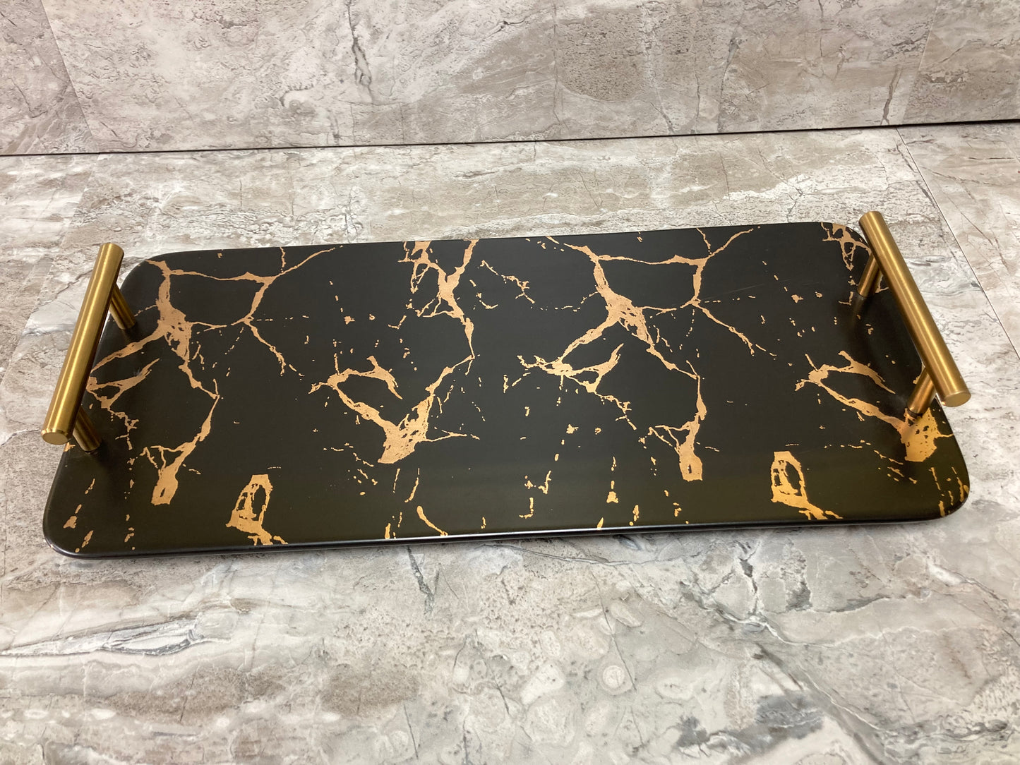 Rectangular Nordic style Serving Tray Platter Marble pattern Ceramic metal handles Black Gold color.