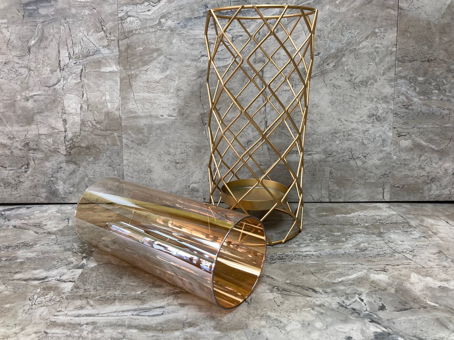 Gold Color Metal Candle holder With Amber Glass Home Decor