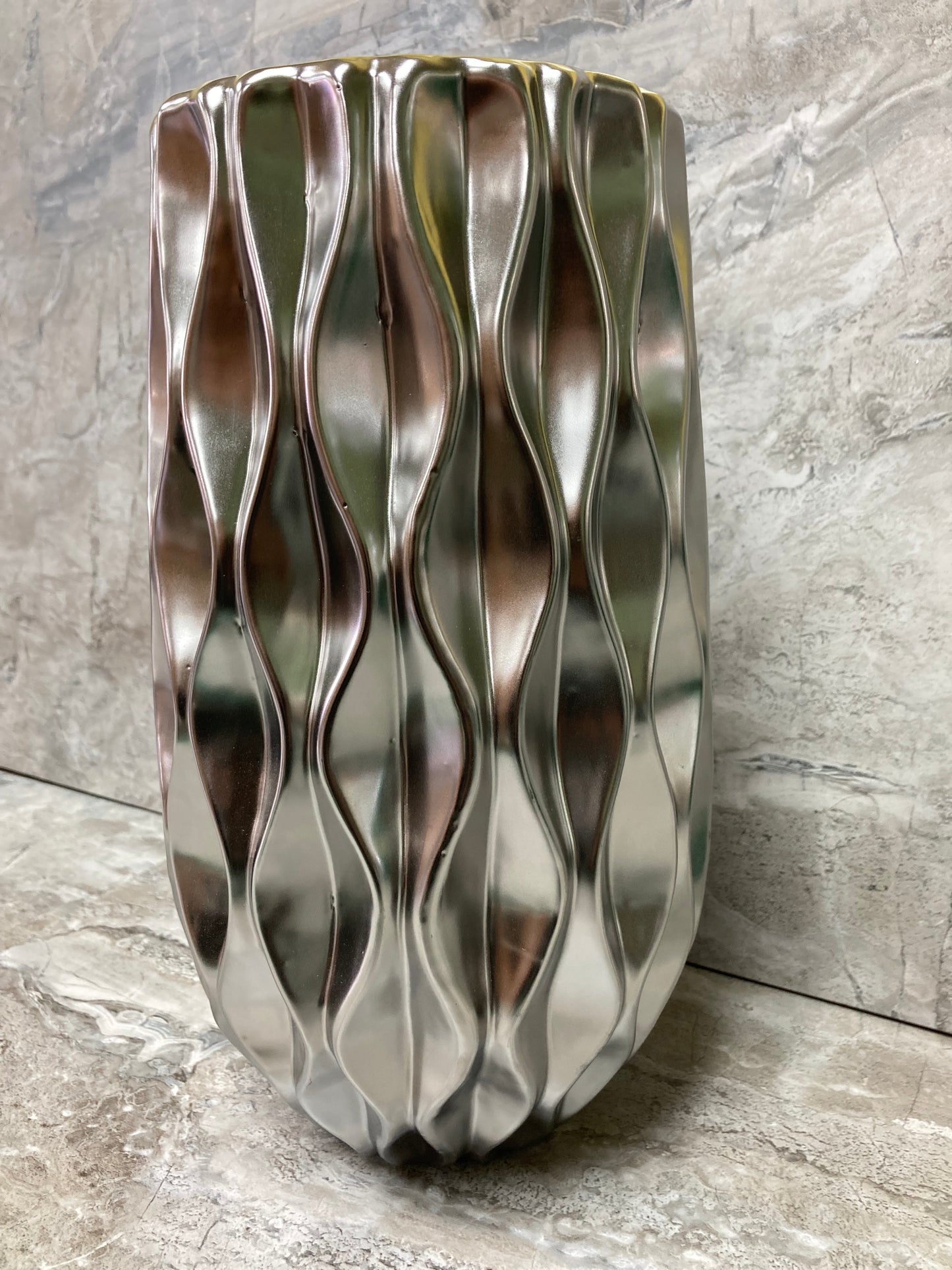 Ceramic Round Flower Vase With Embossed wave design and rounded bottom Silver color,Home Decor