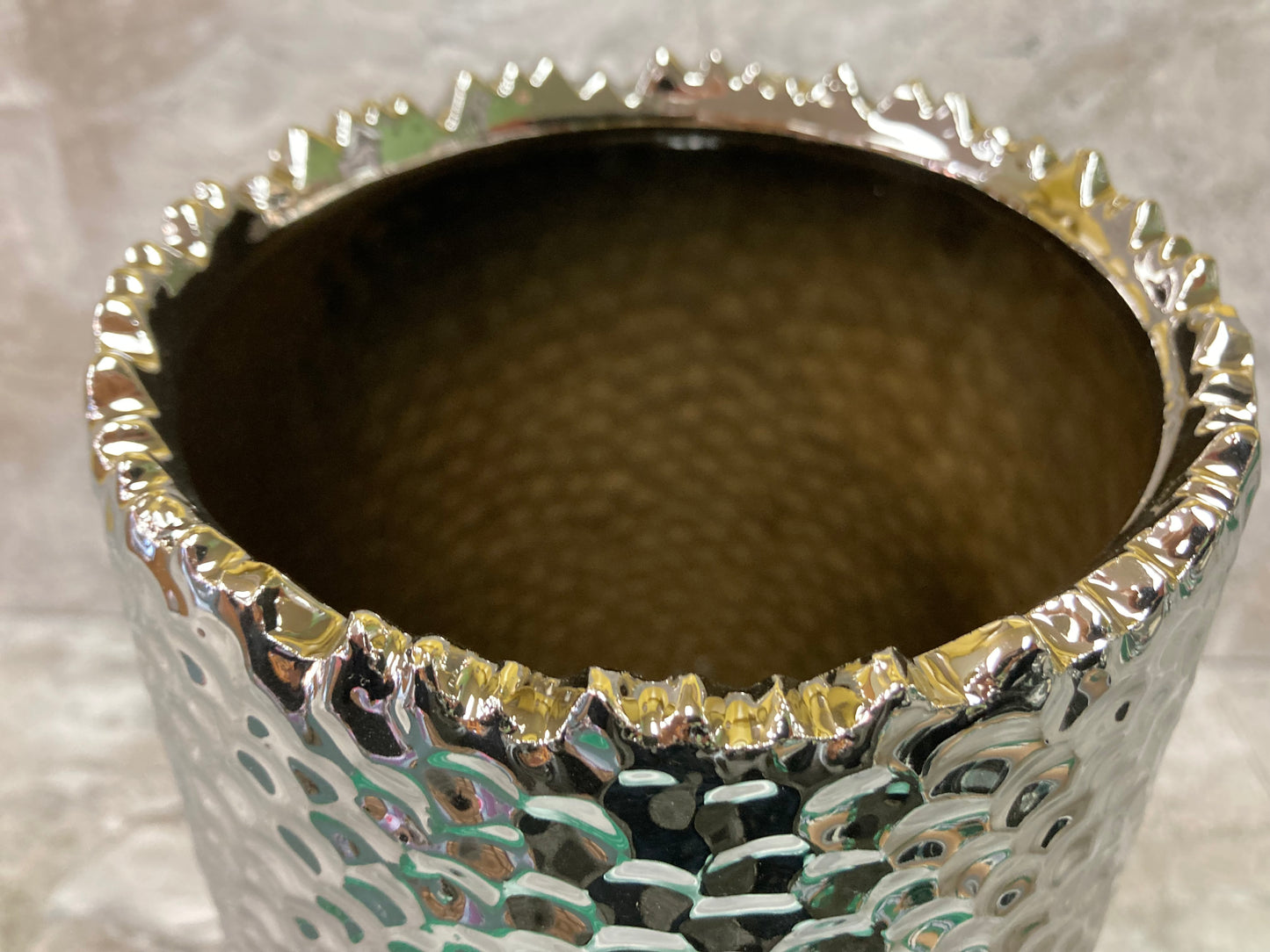 Ceramic Round Flower Vase With uneven lip and rounded bottom Silver color