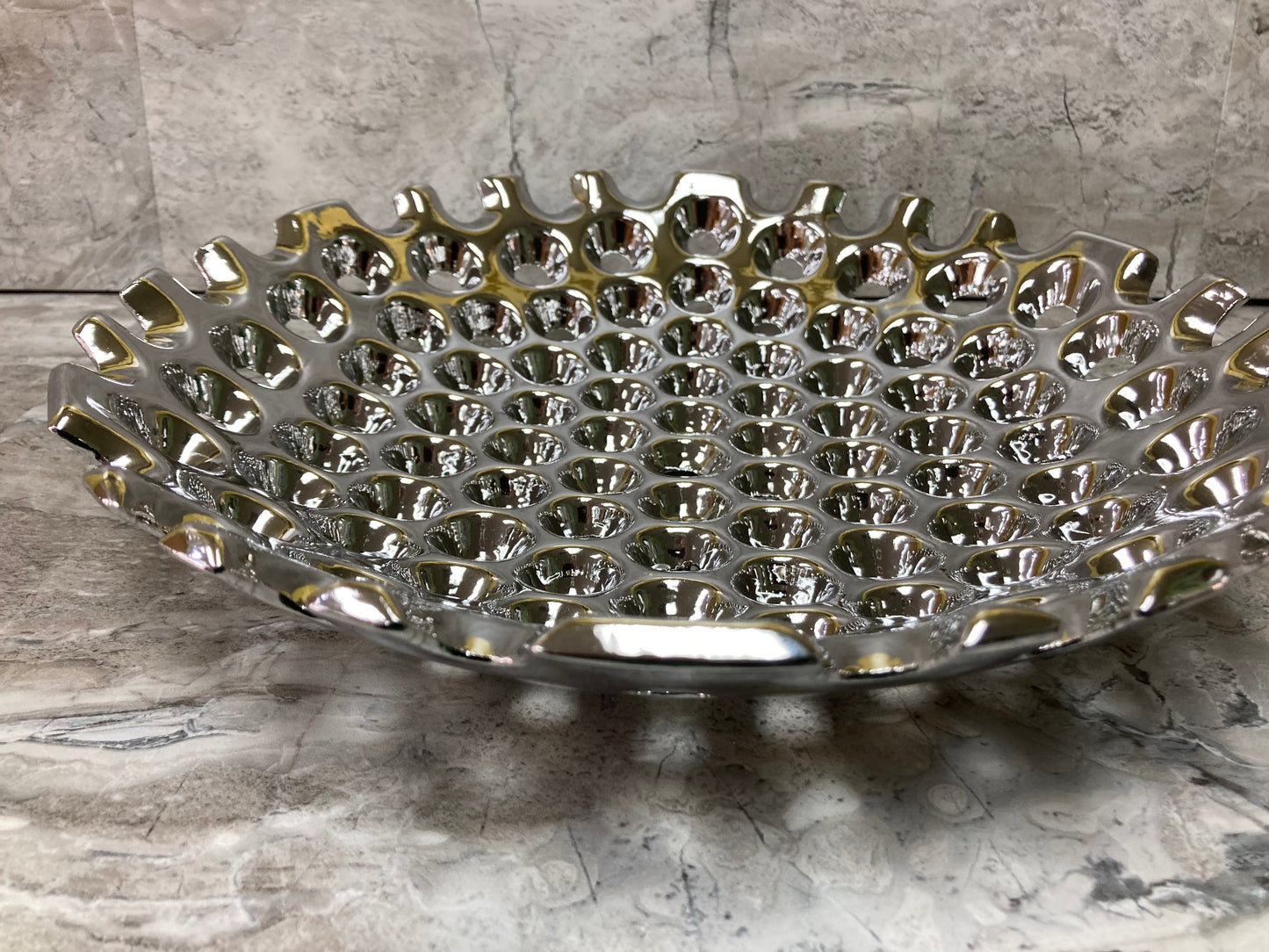 Ceramic Round Concave Platter Serving Dish with Perforated Design Polished Silver finish. Home Decor