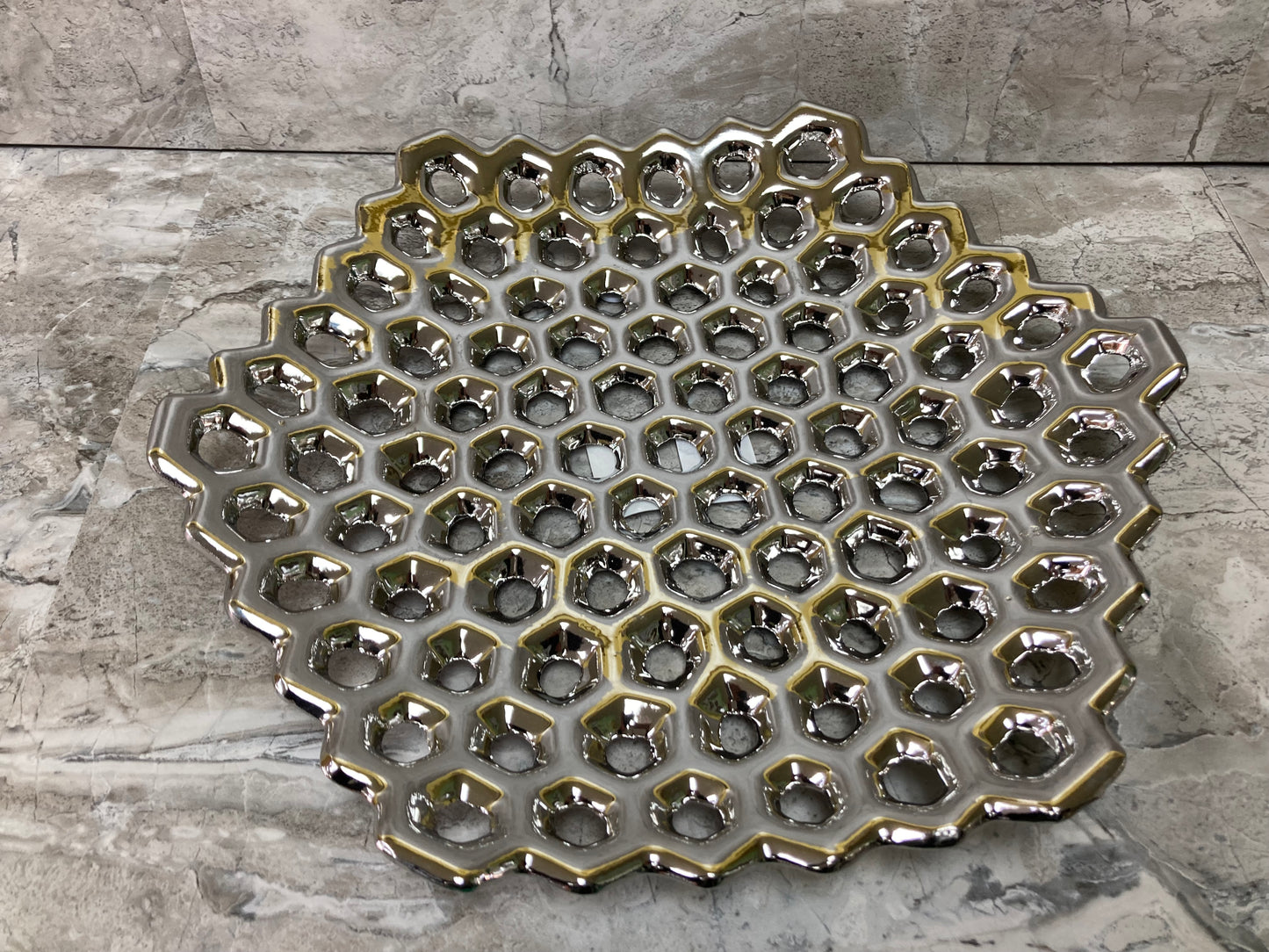 Ceramic Hexagon Concave Platter Serving Dish with Perforated Design Polished Silver finish Home Decor