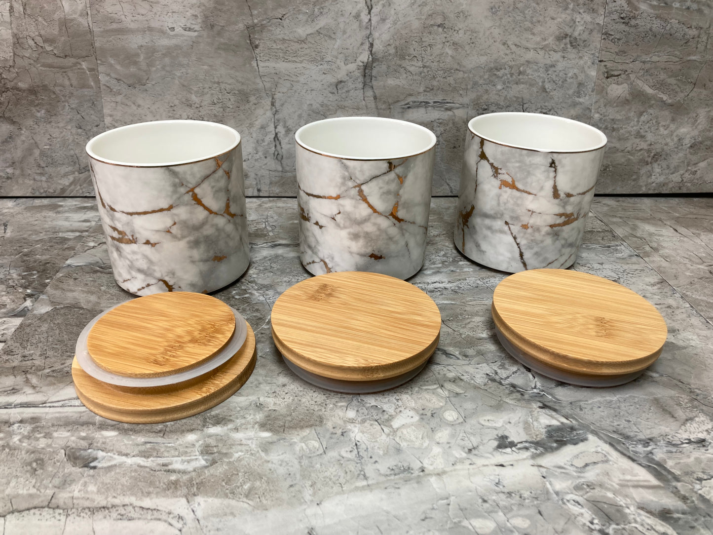 Ceramic Marble Pattern 3 pcs Canister Jar Container Set , With airtight Wooden Lid .Home Decor.
