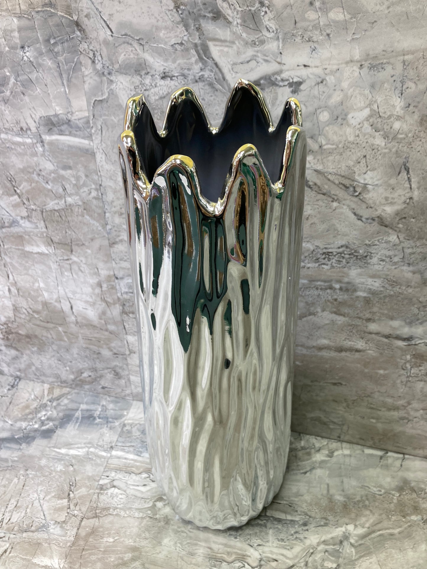 Ceramic Tall Round Flower Vase with Uneven Rim Silver Color .