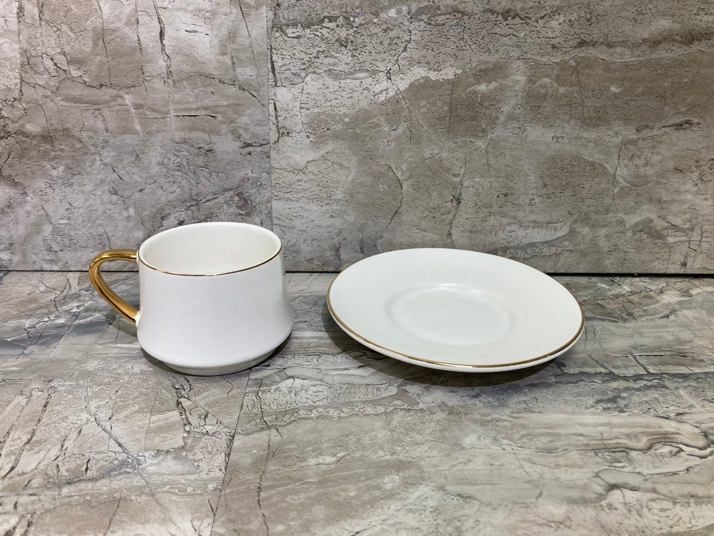 Ceramic White Coffee cup and saucer set with Gold Rim .Home Decor Set of 6 Cups and Saucers.