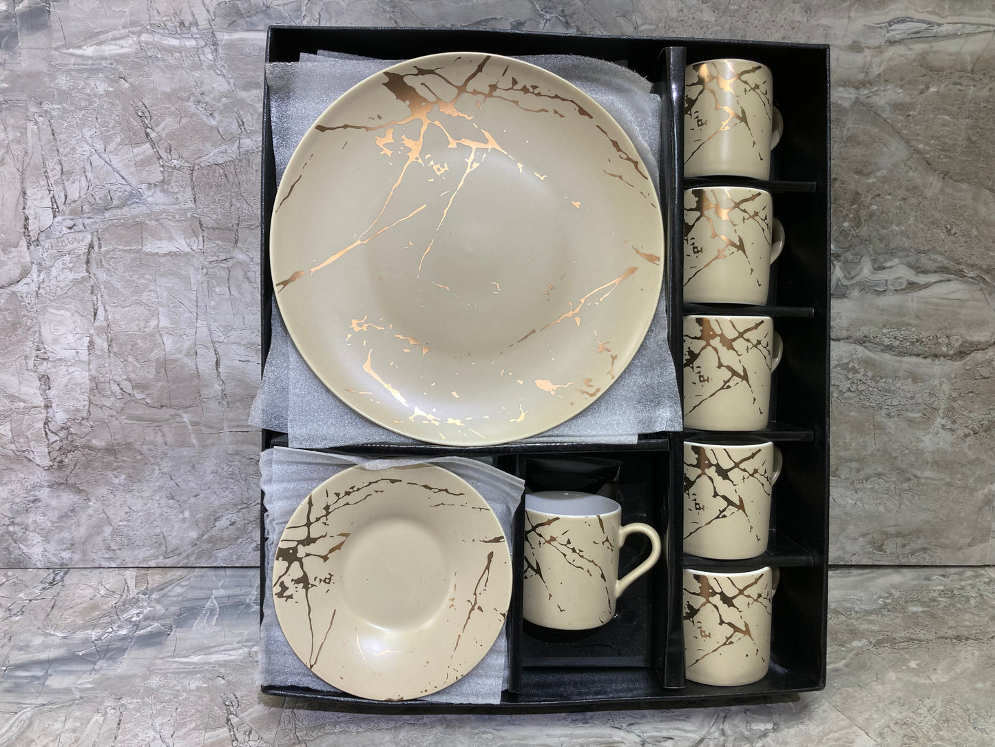 Ceramic Beige Marble Pattern 18 Pcs Coffee Espresso set cup saucer dessert plate .Set of 6.