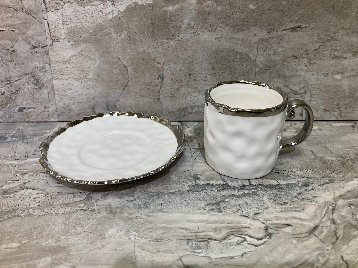 Ceramic Silver Black Coffee cup and saucer set .Hammered Pattern cup and saucer Uneven Shape .Set of 6 .