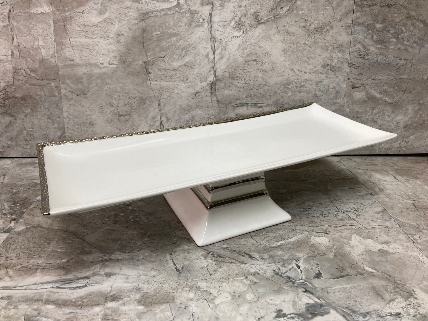 Elegant Rectangular White Ceramic Serving Platter Tray footed with silver rim Table top Dish.